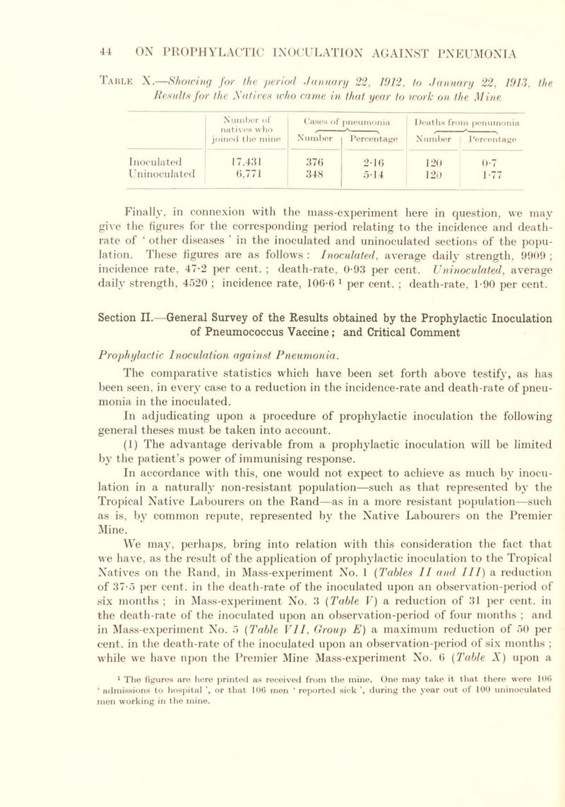 Table X.—Showing for the period January 22, 1912, to January 22, 1913, the Results for the Natives who came in that year to work on the Mine Number of Cases of pneumonia Deaths from penumonia natives who joined the mine Number Percentage Number Percentage Inoculated 17,431 376 2-16 120 0-7 Uninoculated 6,771 348 5-14 120 1-77 Finally, in connexion with the mass-experiment here in question, we may give the figures for the corresponding period relating to the incidence and death- rate of ' other diseases in the inoculated and uninoculated sections of the popu- lation. These figures are as follows : Inoculated, average daily strength, 9909 ; incidence rate, 47-2 per cent. ; death-rate, 0-93 per cent. Uninoculated, average daily strength, 4520 ; incidence rate, 106-6 1 per cent. ; death-rate, 1-90 per cent. Section II.—General Survey of the Results obtained by the Prophylactic Inoculation of Pneumococcus Vaccine; and Critical Comment Prophylactic Inoculation against Pneumonia. The comparative statistics which have been set forth above testify, as has been seen, in every case to a reduction in the incidence-rate and death-rate of pneu- monia in the inoculated. In adjudicating upon a procedure of prophylactic inoculation the following general theses must be taken into account. (1) The advantage derivable from a prophylactic inoculation will be limited by the patient’s power of immunising response. In accordance with this, one would not expect to achieve as much bv inocu- lation in a naturally non-resistant population—such as that represented by the Tropical Native Labourers on the Rand—as in a more resistant population—such as is, by common repute, represented by the Native Labourers on the Premier Mine. We may, perhaps, bring into relation with this consideration the fact that we have, as the result of the application of prophylactic inoculation to the Tropical Natives on the Rand, in Mass-experiment No. 1 (Tables II and III) a reduction of 37-5 per cent, in the death-rate of the inoculated upon an observation-period of six months ; in Mass-experiment No. 3 (Table V) a reduction of 31 per cent, in the death-rate of the inoculated upon an observation-period of four months ; and in Mass-experiment No. 5 (Table VII. Group E) a maximum reduction of 50 per cent, in the death-rate of the inoculated upon an observation-period of six months ; while we have npon the Premier Mine Mass-experiment No. 6 (Table X) upon a 1 The figures are here printed as received from the mine. One may take it that there were 106 * admissions to hospital ’, or that 106 men ‘ reported sick during the year out of 100 uninoculated men working in the mine.
