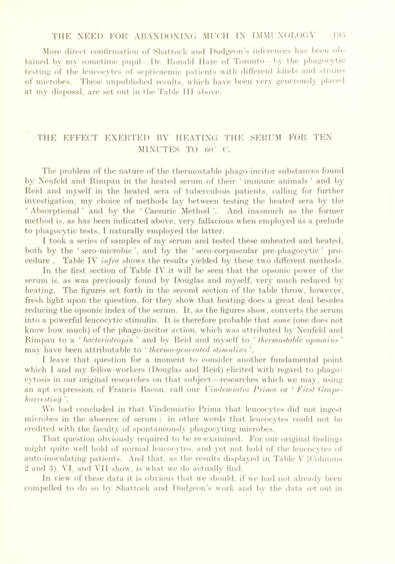 More direct confirmation of Shattock and Dudgeon’s inferences lias been ob- tained by mv sometime pupil Dr. Ronald Hare of 'Toronto by the phagocytic testing of the leucocytes of septicaemic patients with different kinds and strains of microbes. These unpublished results, which have been very generously placed at ni}’ disposal, are set out in the Table III above. THE EFFECT EXERTED BY HEATING MINUTES TO 60° THE SERUM FOR TEN C. The problem of the nature of the thermostable phago-ineitor substances found by Neufeld and Rimpau in the heated serum of their ‘ immune animals ’ and by Reid and myself in the heated sera of tuberculous patients, calling for further investigation, my choice of methods lay between testing the heated sera by the ‘ Absorptional ’ and by the ‘ Caesuric Method ’. And inasmuch as the former method is, as has been indicated above, very fallacious when employed as a prelude to phagocytic tests, I naturally employed the latter. I took a series of samples of my serum and tested these unheated and heated, both by the ‘ sero-microbic ’, and by the ‘ sero-corpuscular pre-phagocytic ’ pro- cedure . Table IV infra shows the results yielded by these two different methods. In the first section of Table IV it will be seen that the opsonic power of the serum is, as was previously found by Douglas and myself, very much reduced by heating. The figures set forth in the second section of the table throw, however, fresh light upon the question, for they show that heating does a great deal besides reducing the opsonic index of the serum. It, as the figures show, converts the serum into a powerful leucocytic stimulin. It is therefore probable that some (one does not know how much) of the phago-ineitor action, which was attributed by Neufeld and Rimpau to a ‘ bacteriotropin ’ and by Reid and myself to ‘ thermostable opsonins ’ may have been attributable to ‘ thermo-generated stimulins ’. I leave that question for a moment to consider another fundamental point which I and my fellow-workers (Douglas and Reid) elicited with regard to phago- cytosis in our original researches on that subject—researches which we may. using an apt expression of Francis Bacon, call our Vindemiatio Prima or ‘ First Grape- harvesting ’. We had concluded in that Vindemiatio Prima that leucocytes did not ingest microbes in the absence of serum ; in other words that leucocytes could not be credited with the faculty of spontaneously phagocyting microbes. That question obviously required to be re-examined. For our original findings might quite well hold of normal leucocytes, and yet not hold of the leucocytes of auto-inoculating patients. And that, as the results displayed in Table V (Columns 2 and 3), VI, and VII show, is what we do actually find. In view of these data it is obvious that we should, if we had not already been compelled to do so by Shattock and Dudgeon’s work and by the data set out in