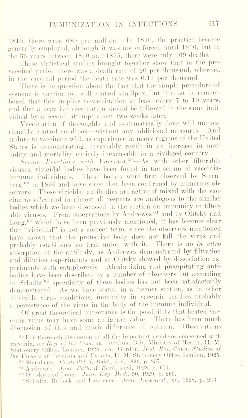 1810, there were 680 per million. In 1810, the practice hecanie generally employed, although it was not enforced until 1816, hut in the 35 years between 1810 and 1855, there were only 160 deaths. These statistical studies brought together show that in the pro- vaccinal period (here was a death rate of 20 per thousand, whereas, in the vaccinal period the death rate was 0.17 per thousand. Then4 is no question about the fact that the simple procedure of systematic vaccination will control smallpox, but it must be remem- bered that this implies re-vaccination at least every 7 to 10 years, and that a negative vaccination should be followed in the same indi- vidual by a second attempt about two weeks later. Vaccination if thoroughly and systematically done will unques- tionably control smallpox without anv additional measures. And failure to vaccinate will, as experience in many regions of the 1 nited States is demonstrating, invariably result in an increase in mor- bidity and mortality entirely inexcusable in a civilized country. Scrum Reactions irilli 1 accimn.''''- As with other filterable viruses, viricidal bodies have been found in the serum of vaccinia- immune individuals. I hose bodies were first observed by Stern- berg'' in 1896 and have since then been confirmed by numerous ob- servers. These viricidal antibodies are active if mixed with the vac- cine in vitro and in almost all respects are analogous to the similar bodies which we have discussed in the section on immunity to filter- able viruses. From observations by An dr ewes 1 and by Olitsky and Long,6- which have been previously mentioned, it has become clear that ‘'viricidal” is not a correct term, since the observers mentioned have shown that the protective body does not kill the virus and probablv establishes no firm union with it. rl here is no in vitro absorption of the antibody, as Andrewes demonstrated by filtration and dilution experiments and as Olitsky showed by dissociation ex- periments with cataphoresis. Alexin-fixing and precipitating anti- bodies have been described by a number of observers but according to Schultz 63 specificity of these bodies has not been satisfactorily demonstrated. As we have stated in a former section, as in other filterable virus conditions, immunity in vaccinia implies probably a persistence of the virus in the body of the immune individual. Of great theoretical importance is the possibility that heated vac- cinia virus may have some antigenic value. 1 here has been much discussion of this and much difference ot opinion. Observations sapor thorough discussion of all the important problems concerned with vaccinia, see Hep. of the f om. on 1 accinia, I>rit. Ministry of Health, If. M. Stationery Office, London, 192s; and (iordon, Med. hes. Conn. Studies of the Viruses of 1 arruua and I uriolu, II. M. Stationery Office, London, 192,5. 80 Sternberg. Cetifralld. f. Haled., six, 1896, p. 85(. 61 Andrewes. Jour. Hath, t£ llad.. xxxi, 1928, p. 071. 82 Olitsky and Long. Jour. Exp. Med.. 50, 1929, p. 263. '•-Schultz, Bullock and Lawrence. Jour. Immunol., xv, 1928, p. 243.