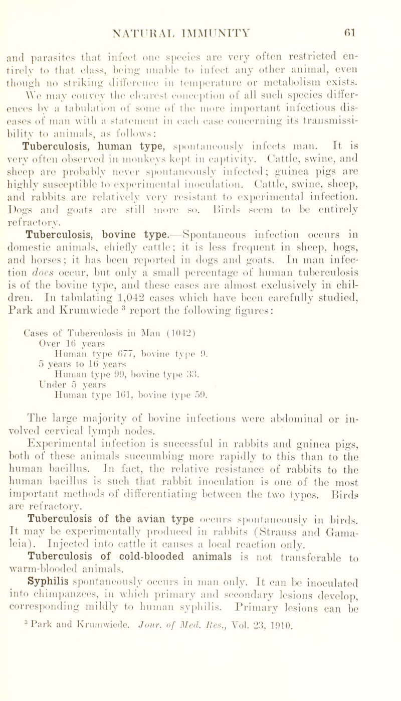 and parasites that, infect one species arc very often restricted en- tirely to that class, being- unable to infect any other animal, even though no striking difference in temperature or metabolism exists. We may convey the (dearest conception of all such species differ- ences bv a tabulation ot some ot the more important infectious dis- eases of man with a statement in each ease concerning its trailsmissi- bility to animals, as follows: Tuberculosis, human type, spontaneously infects man. It is very often observed in monkeys kept in captivity. Cattle, swine, and sheep are probably never spontaneously infected; guinea pigs are highly susceptible to experimental inoculation. Cattle, swine, sheep, and rabbits are relatively very resistant to experimental infection. Dogs and goats are still more so. Hints seem to be entirely refractory. Tuberculosis, bovine type. —Spontaneous infection occurs in domestic animals, chiefly cattle; it is less frequent in sheep, hogs, and horses; it has been reported in dogs and goats. In man infec- tion docs occur, but only a small percentage of human tuberculosis is of the bovine type, and these cases are almost exclusively in chil- dren. In tabulating 1,042 cases which have been carefully studied, Park and Krumwiede 3 report the following figures: Cases of Tuberculosis in Man (1042) Over 16 years Human type 677, bovine type 0. 5 years to 16 years Human type 90, bovine type 33. Under 5 years Human type 161, bovine type 59. The large majority of bovine infections were abdominal or in- volved cervical lymph nodes. Experimental infection is successful in rabbits and guinea pigs, both of these animals succumbing more rapidly to this than to the human bacillus. In fact, the relative resistance of rabbits to the human bacillus is such that rabbit inoculation is one of the most important methods of differentiating between the two types. Birds are refractory. Tuberculosis of the avian type occurs spontaneously in birds. It may be experimentally produced in rabbits (Strauss and Gama- leia). Injected into cattle it causes a local reaction only. Tuberculosis of cold-bloodecl animals is not transferable to warm-blooded animals. Syphilis spontaneously occurs in man only. It can be inoculated into chimpanzees, in which primary and secondary lesions develop, corresponding mildly to human syphilis. Primary lesions can be 3 Park and Krumwiede. Jour, of Med. lies., Vol. 23, 1911).