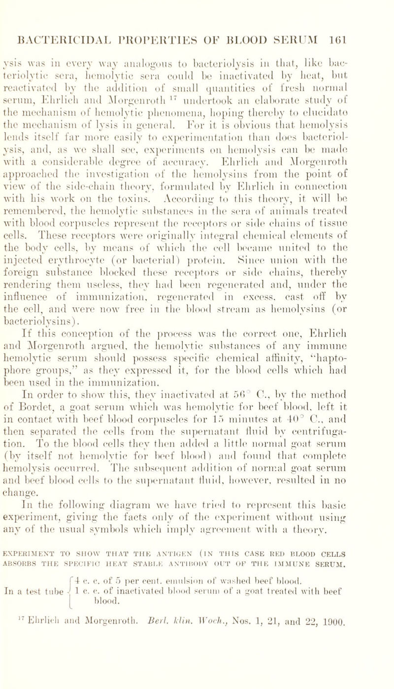 vsis was in every way analogous to bacteriolysis in that, like bae- teriolytic sera, hemolytic sera could be inactivated by heat, but reactivated by the addition of small quantities of fresh normal serum, Ehrlich and Morgenroth 17 undertook an elaborate study of the mechanism of hemolytic phenomena, hoping thereby to elucidate the mechanism of lysis in general. For it is obvious that hemolysis lends itself far more easily to experimentation than does bacteriol- ysis, and, as we shall see, experiments on hemolysis can be made with a considerable degree of accuracy. Ehrlich and Morgenroth approached the investigation of the hemolysins from the point of view of the side-chain theory, formulated by Ehrlich in connection with his work on the toxins. According to this theory, it will be, remembered, the hemolytic substances in the sera of animals treated with blood corpuscles represent the receptors or side chains of tissue cells. These receptors were originally integral chemical elements of the body cells, by means of which the cell became united to the injected erythrocyte (or bacterial) protein. Since union with the foreign substance blocked these receptors or side chains, thereby rendering them useless, they had been regenerated and, under the influence of immunization, regenerated in excess, cast off by the cell, and were now free in the blood stream as hemolysins (or bacteriolysins). If this conception of the process was the correct one, Ehrlich and Morgenroth argued, the hemolytic substances of any immune hemolytic serum should possess specific chemical affinity, ‘fliapto- phore groups,” as they expressed it, for the blood cells which had been used in the immunization. In order to show this, they inactivated at 56° 0., by the method of Bordet, a goat serum which was hemolytic for beef blood, left it in contact with beef blood corpuscles for 15 minutes at 40° C., and then separated the cells from the supernatant fluid bv centrifuga- tion. To the blood cells they then added a little normal goat serum (by itself not hemolytic for beef blood) and found that complete hemolysis occurred. The subsequent addition of normal goat serum and beef blood cells to tin* supernatant fluid, however, resulted in no change. In the following diagram we have tried to represent this basic experiment, giving the facts only of the experiment without using any of the usual symbols which imply agreement with a theory. EXPERIMENT TO SHOW THAT THE ANTIGEN (lN THIS CASE RED BLOOD CELLS ABSORBS THE SPECIFIC HEAT STABLE ANTIBODY OUT OF THE IMMUNE SERUM. (4 c. c. of 5 per cent, emulsion of washed beef blood. In a test tube ■ 1 c. e. of inactivated blood serum of a goat treated with beef blood. 17 Ehrlich and Morgenroth. Bed. klin. W'och., Nos. 1, 21, and 22, 1900.