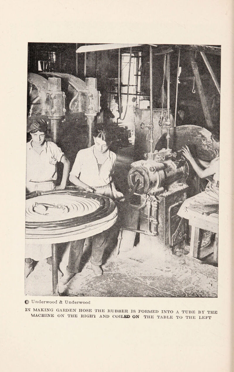 © Underwood & Underwood IN MAKING GARDEN HOSE THE RUBBER IS FORMED INTO A TUBE BY THE MACHINE ON THE RIGHrl AND COILED ON THE TABLE TO THE LEFT