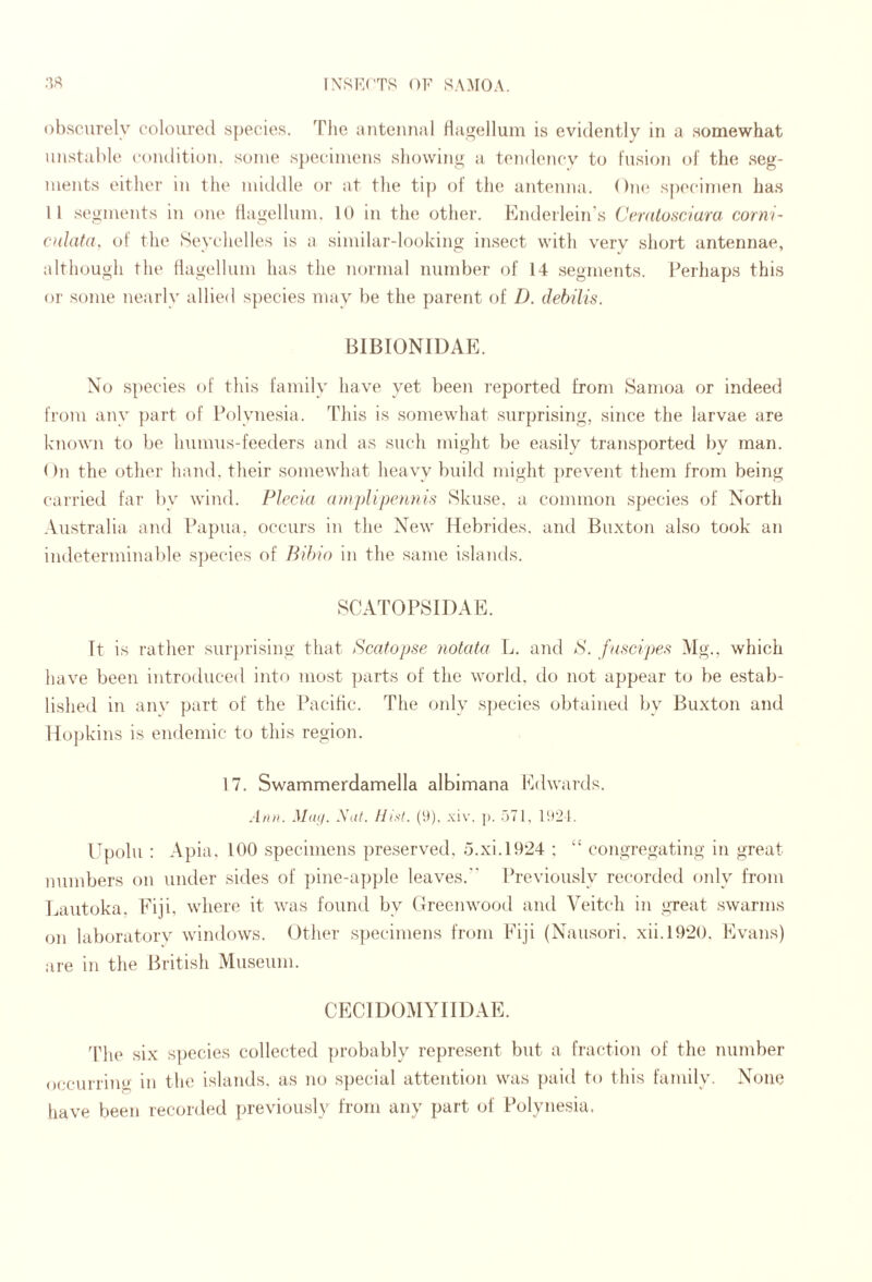 obscurely coloured species. The luitennal Hagellum is evidently in a somewhat unstable condition, some specimens showing a. tendencv to Fusion of the seg¬ ments either in the middle or at the tip of the antenna. One specimen has 11 segments in one flagellum. 10 in the other. Enderlein's (Jmilosdum cornl- cnlata. of the Seychelles is a similar-looking insect with very short antennae, although the flagellum has the normal number of 14 segments. Perhaps this or some nearly allied species may be the parent of D. debilis. BIBIONIDAE. No species of this family have yet been reported from Samoa or indeed from any {)art of Polynesia. This is somewhat surprising, since the larvae are k'uown to be humus-feeders and as such might be easily transported by man. ()n the other hand, their somewhat heavy build might ])revent them from being carried far by wind. Plecia amplipennis Skuse. a common species of North Australia and Papua, occurs in the New Hebrides, and Buxton also took an indeterminable .species of Bibio in the same i.slands. SCATOPSIDAE. ft is rather sur])rising that Scatopse notata L. utkI N. fuscipe.'^ Mg., which have been introduced into most parts of the world, do not appear t(j be estab¬ lished in anv part of the Pacific. The only species obtained by Buxton and llojjkins is endemic to this region. 17. Swammerdamella albimana Edwards. Xat. IIisl. (9). xiv. ]). 1921. l.fpolu : Apia. 100 .specimens preserved, 5.xi.l924 ; “ congregating in great numbers on under sides of pine-apple leaves.” Previously recorded only from Lautoka, Fiji, where it was found by (Greenwood and Veitch in gTeat swarms on laboratory windows. Other specimens from Fiji (Nau.sori. xii.1920. Evans) are in the British Museum. CECIDOMYIIDAE. 'riie six s])ecies collected ])robably represent but a fraction of the number occurring in the islands, as no .special attention was paid to this family. None have been recorded previously from any part of Polynesia.