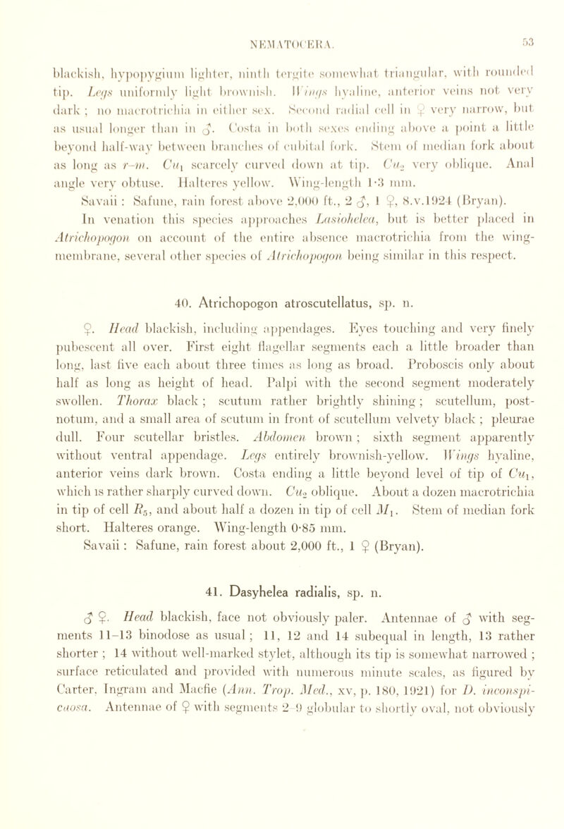 NK.MAT()(’KI{A. hlacUisli, hvj)()])y^iiiin lijj;hl('i', ninlli (('I’niti* soMK'wliat fliauvular, with rouiKh’d tip. imifornilv li^iit hi'owiiisli. II hyaline, aiitc'iior veins not veiy (lark ; no inaerotiiehia in (mIIkm' sex. Secdiui radial e(“ll in y very narrow, hut as usual lonii'er than in q. ('osta in both sexes endinii; al)o\’e a point a little beyond ludl’-way between branehes ol eid)ital fork. St(Mn of median lork about as long as r-in. Cux seareely eurved down at tij). Ch/o v(‘ry oi)li(pie. Anal angle very obtuse. Ilalt('res yellow. Wing-length 1-3 mm. Savaii : Safune, I’ain forest al)ove 2,000 ft., 2 I $, S.v.ll)2t (Bryan). In venation this sjiecies aypi'oaches Lasioltclea, but is better ])laeed in AtrichopcHfon on account of the entire absence macrotrichia from the wing- membrane, sevei'al other s})eeies of AtrichojKUjon being similar in this r(!spect. 40. Atnchopogon atroscutellatus, sp. n. $. Head blackish, including appendages. Eyes touching and very finely pubescent all over. First eight flagellar segments each a little ])roader than long, last five each about three times as long as broad. Proboscis only about half as long as height of head. Palpi with the second segment moderately swollen. Thorax black ; scutum rather brightly shining; scutellum, post- notum, and a small area of scutum in front of scutellum velvety black ; pleurae dull. Four scutellar bristles. Abdomen brown ; sixth segment apparently without ventral appendage. Legs entirely brownish-yellow. ITdayi' hyaline, anterior veins dark brown. Costa ending a little beyond level of tij) of Chii, which IS rather sharply curved down. Cu^ oblicjue. About a dozen macrotrichia in tip of cell 74, nnd about half a dozen in tij) of cell il/i. Stem of median fork short. Halteres orange. Wing-length 0-85 mm. Savaii: Safune, rain forest about 2,000 ft., 1 $ (Bryan). 41. Dasyhelea radialis, sp. n. Head blackish, face not obviously jDaler. Antennae of with seg¬ ments 11-13 binodose as usual; 11, 12 and 14 subequal in length, 13 rather shorter ; 14 without well-marked stylet, although its tip is somewhat narrowed ; surface reticulated and jwovided with numerous minute scales, as figured by Carter. Ingram and Mache {Ann. Trap. Med., xv, ]>. 180, 1021) foi‘ 1). ineonsj)i- Ciiosa. Antennae of $ with segment.^ 2 i) giobulai’ to shortly oval, not obviously