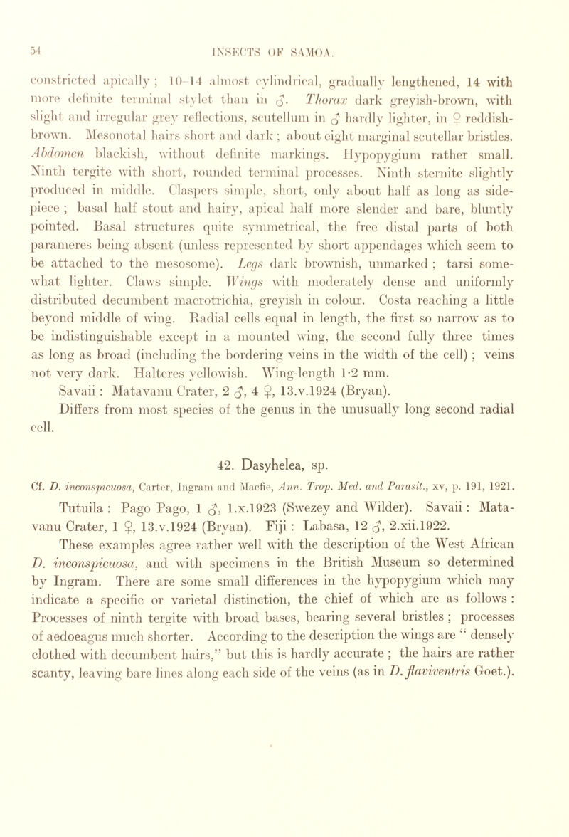 constrictod a])ically ; 10-14 almost t yliiidiical, gradually lengthened, 14 with more delinite tei'ininal stylet than in Thorax dark <;reyisli-])rown, with slight and in'egular grey reflections, scntellum in ^ hardly lighter, in $ reddish- brown. Mesonotal haii’s short and dark'; about eight marginal scutellar bristles. Abdomen blackish, without definite markings. ]-|ypopygium rather small. Ninth tergite with short, rounded terminal })rocesses. Ninth sternite slightly produced in middle. Clas])ers simple, short, only about half as long as side- piece ; basal half stout and hairy, apical half more slender and bare, bluntly pointed. Basal structures quite symmetrical, the free distal jmrts of both parameres being absent (unless represented by short appendages which seem to be attached to the mesosome). Legs dark brownish, unmarked ; tarsi some¬ what lighter. Claws simj^le. 11 op/6' with moderately dense and uniformly distributed decumbent niacrotrichia, greyish in colour. Costa reaching a little beyond middle of wing. Radial cells equal in length, the first so narrow as to be indistinguishable except in a mounted wing, the second fully three times as long as broad (including the bordering veins in the width of the cell) ; veins not very dark. Halteres yellowish. Wing-length 1*2 mm. Savaii: Matavanu Crater, 2 4 13.v.1924 (Bryan). Differs from most species of the genus in the unusually long second radial cell. 42. Dasyhelea, sp. Cf. D. inconspicuosa, Carter, Ingrain and Alacfie, Ann. Trop. Med. and Parasil., xv, p. 191, 1921. Tutuila ; Pago Pago, 1 l.x.1923 (Swezey and Wilder). Savaii: Mata¬ vanu Crater, 1 $, 13.v.1924 (Bryan). Fiji : Labasa, 12 (^, 2.xii.l922. These examples agree rather well with the description of the West African D. ineonspieuosa, and vdth specimens in the British Museum so determined by Ingram. There are some small differences in the hypopygium which may indicate a specific or varietal distinction, the chief of which are as follows : Processes of ninth tergite with broad bases, bearing several bristles ; processes of aedoeagus much shorter. According to the description the wings are “ densely clothed with decumbent hairs,” but this is hardly accurate ; the hairs are rather scanty, leaving bare lines along each side of the veins (as in D. jlaviventris Goet.).