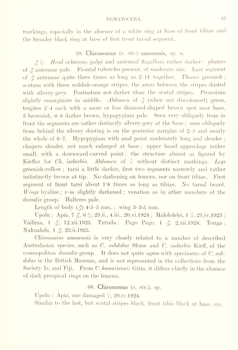 markiiiii's, osjx'ciallv m tli(' ahscaua' ol a \vliit(‘ riiiLi, at l)as(' ol fiont tikiac and tlio broadoi' black rin.u' at bas(' ol lirsi liont tarsal s('uin(Mit. o!). Cbironomus (s. sir.) samoensis, sp. n. j 9- //c(a/ocbn'ous. ]>al|)i and ant(Minal lla^clliim ralli<‘r daikaa-; plumes of ^ antennae pale. k''r()ntal tnlx'rek's pi'C'simt. of ni(jd(‘i'at(‘ size. Last sc'pnietd of j antennae (piite three tinu's as lonu' as 2-1 I tou('tli(‘i'. Thorax ^.fitMUiisli ; scutum witli three reddisli-oranue sti'ipc's, tin* ai'eas Ix'twaMui the strij)es dusted Avitli silverv-ci'ev. Postnotum n(»t dai'kei' than tlu' scutal sti’i)»es. Pi'onotum sliii'htlv eniaru'inate in middle. AlxJoaiea of q (when not discoloui’ed) jrreen, tergites 2-4 each with a more oi- less diamond-shajx'd brown spot near base, 5 brownish, b-S darker l)rown, liypoi)ygium ])ale. Seen very oblirpiely from in front the segments are rather distinctly silvery-grey at the ba.se : seen o})li(piely from behind the silvery dusting is on the ]X)sterior margins of 2-5 and nearly the whole of b-7. Hypopygiiim wdth anal |)oint moderately long and slender ; clas])ers slender, not much enlarged at base ; u])|)er basal a|)pendage rather small, with a downward-curved ])oint ; the structure almost as figured bv Kieft'er for Ch. imherhis. Abdonioi, of $ without distinct markings. Ltcjs greenish-yellow ; tarsi a little darker, first two segments narrowly and rather indistinctly brown at tip. No darkening on femora, nor on front ti))iae. First segment of front tarsi about 1’8 times as long as tibiae. No tarsal beard. 11 hyaline; r-m slightly darkened; venation as in other meinbers of the dorsalis grouj^. Halteres pale. Length of body (lA) 4-5-5 mm. ; wing 3-3-5 mm. Upolu : Apia, 7 6 23.ii., 4.iii., 20.vi.1924 ; Malololelei, 1 21.iv.1925 ; Vailima, 1 q, 12.xii.l925. Tutuila : Pago Pago, 1 q, 2.xii.l924. Tonga: Nukualofa, 1 23.ii.1925. Chironomus samoensis is very closely related to a number of described Australasian species, such as C. suhdolus Skuse and C. imherhis Kiefi, of the cosmopolitan dorsalis group. It does not quite agree with specimens of C. suh¬ dolus in the Biatish Museum, and is not represented in the collections from the Society Is. and Fiji. From C. hawaiiensis Clrim. it difi'eis chiefly in the absence of dark })rea])ical lings on the femora. (>0. Chironomus (s. str.), sp. l^])olu : A])ia, one damaged $, 2{>.iv.l924. Similar to the last, but scutal stripe's black, front tibia black at base. etc.