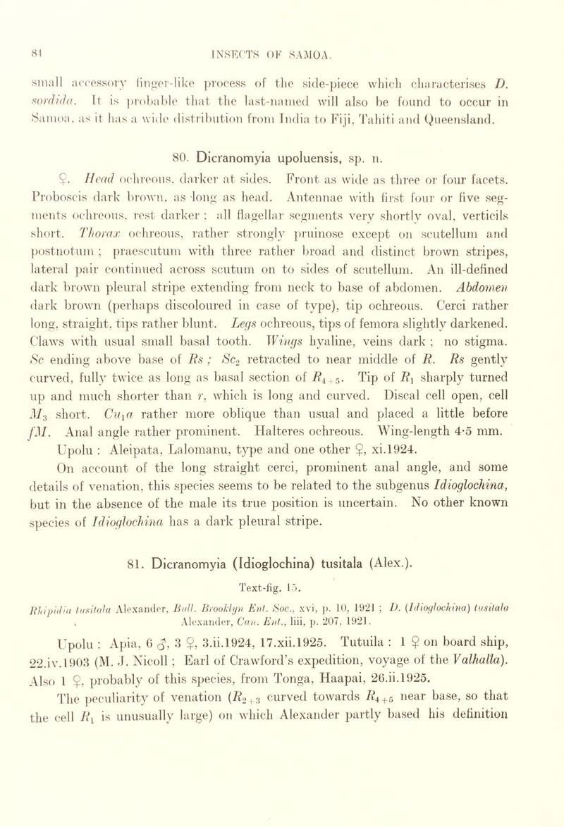 small aiTossorv Cmoor-liko ]m)cess of the side-piece wliicli cliaracterises I). i^ordnJa. It is ]»i'o}»al)le tliat tlie last-named will also l)e found to occur in Samoa, as it has a wide distril)ution from India to Kiji, Tahiti and (Queensland. 80. Dicranomyia upoluensis, sp. n, 5. Head ochreous. darker at sides. Front as wide as three or four facets. Proboscis dark brown, as loni;- as head. Antennae witli lir.st four or five .seg¬ ments ochreons. re.st darker ; all flagellar segments very sliortlv oval, verticils short. Thorax ochreous, rather strongly pruiiiose exce])t on scutellum and postnotum ; praescutum with three rather l)road and distinct brown stripes, lateral pair continued aci'oss scutum on to sides of scutellum. An ill-defined dark brown pleural stripe extending from neck to ba.se of abdomen. Abdomen dark brown (perhaps discoloured in case of type), tip ochi’eous. Cerci rather long, straight, tips rather blunt. Legs ochreous, tips of femora slightly darkened. Claws with usual small basal tooth. WLujs hyaline, veins dark ; no stigma. <S’c ending above base of Bs ; Sco retracted to near iniddle of R. Rs gently curved, fully twice as long as basal section of ,5. Tip of /?i sharply turned up and much shorter than r, which is long and curved. Discal cell open, cell J/3 short. CuiO rather more oblique than usual and placed a little before f'M. Anal angle rather prominent. Halteres ochreous. Wing-length 4*5 mm. Upolu : Aleipata, Lalomanu, type and one other $, xi.l924. On account of the long straight cerci, prominent anal angle, and some details of venation, this species seems to be related to the subgenus Idioglochina, but in the absence of the male its true position is uncertain. No other known species of Idioglochina has a dark pleural stripe. 81. Dicranomyia (Idioglochina) tusltala (Alex.). Text-fig. I). Rhipiilid tiisitaki Alexander, Bull. Brooldijn But. Boc., xvi, ]>. U), 1921 ; 1). (Idtoplochnui) tusitala , Alexander, Can. Enl., liii, p. 207, 1921. Upolu : A])ia, G 3 $, 3.ii.l924, 17.xii.l925. Tutuila : 1 $ on board ship, 22.iv. 1903 (M. .1. Nicoll; Earl of Crawford’s expedition, voyage of tlie Yalhalla). Also 1 $, probably of this species, from Tonga, Haapai, 2G.ii.l925. The ])eculiarity of venation (/U 13 curved towards 7^4+5 near base, so that the cell R\_ is unusually large) on which Alexander partly based his definition