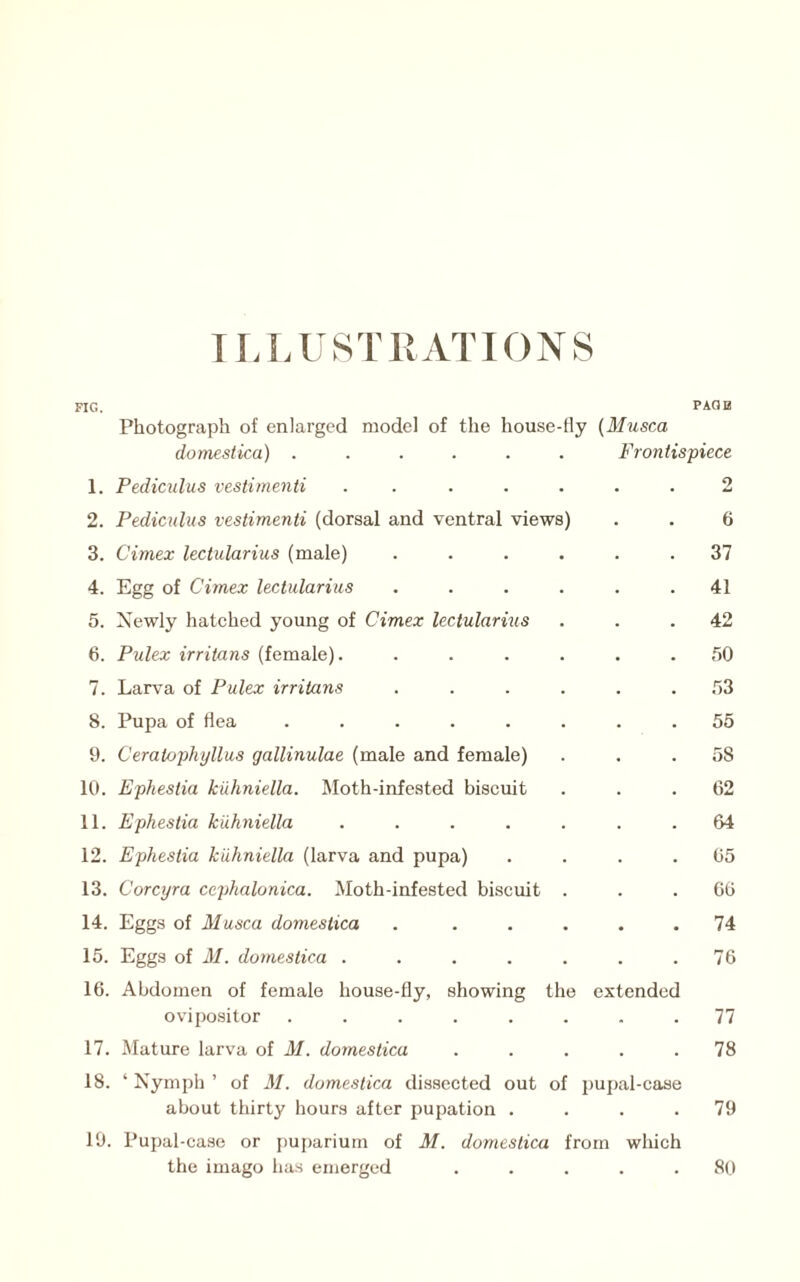 ILLUSTRATIONS FIG. PAOB Photograph of enlarged model of the house-tly (Musca domesiica) ...... Frontispiece 1. Pediculus vestimenti ....... 2 2. Pediculus vestimenti (dorsal and ventral views) . . 6 3. Cimex lectularius (male) ...... 37 4. Egg of Cimex lectularius ...... 41 5. Newly hatched yomag of Cimex lectularius ... 42 6. P^dex irritans (female). ...... 50 7. Larva of Pulex irritans ...... 53 8. Pupa of flea ........ 55 9. Ceratophijllus gallinulae (male and female) ... 58 10. Ephestia kiihniella. Moth-infested biscuit . . . (52 11. Ephestia kiihniella ....... 64 12. Ephestia kiihniella (larva and pupa) .... 65 13. Corcyra ccphalonica. Moth-infested biscuit ... 66 14. Eggs of Musca domesiica . ..... 74 15. Eggs of M. domesiica . . . . . . .76 16. Abdomen of female house-fly, showing the extended ovipositor ........ 77 17. Mature larva of M. domesiica ..... 78 18. ‘ Nymph ’ of M. domesiica dissected out of pupal-case about thirty hours after pupation .... 79 19. Pupal-case or |)uparium of M. domesiica from which the imago has emerged ..... 80