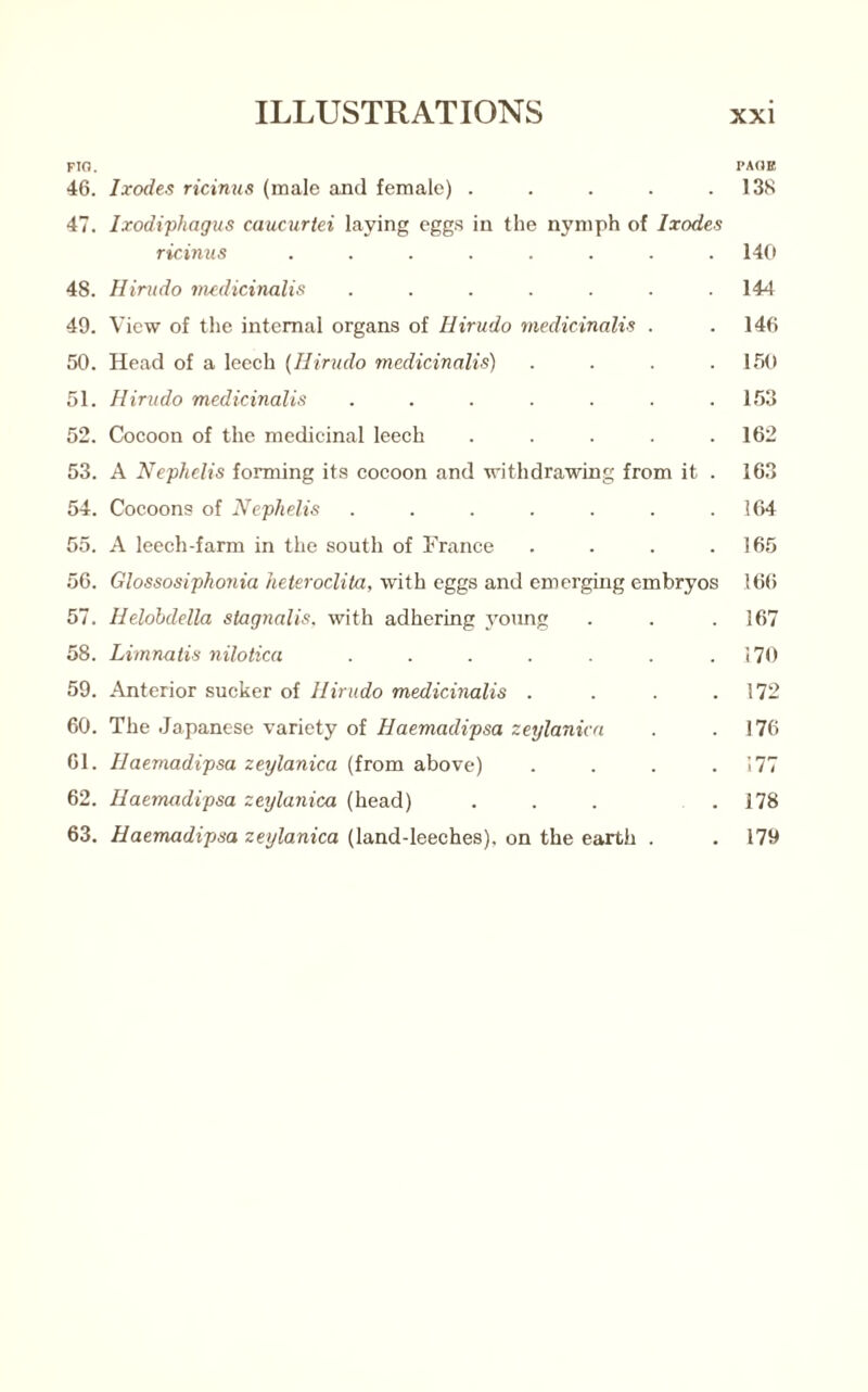 FIO. PAOE 46. Ixodes ricinus (male and female) . . . . . 13S 47. Ixodiphagus caucurtei laying eggs in the nymph of Ixodes ricinus ........ 140 48. Hirudo medicinalis ....... 144 49. View of the internal organs of Hirudo medicinalis . . 146 50. Head of a leech {Hirudo medicinalis) .... 150 51. Hirudo medicinalis ....... 153 52. Cocoon of the medicinal leech ..... 162 53. A Nephelis forming its cocoon and withdrawing from it . 163 54. Cocoons of Nephelis . . . . . . .164 55. A leech-farm in the south of France . . . .165 56. Glossosiphonia heteroclita, with eggs and emerging embryos 166 57. Helobdella stagnalis. with adhering young . . . 167 58. Limnatis nilotica ....... 170 59. Anterior sucker of Hirudo medicinalis . . . .172 60. The Japanese variety of Haemadipsa zeylanicn . .176 61. Haemadipsa zeylanica (from above) . . . .177 62. Haemadipsa zeylanica (head) ... . 178 63. Haemadipsa zeylanica (land-leeches), on the earth . . 179