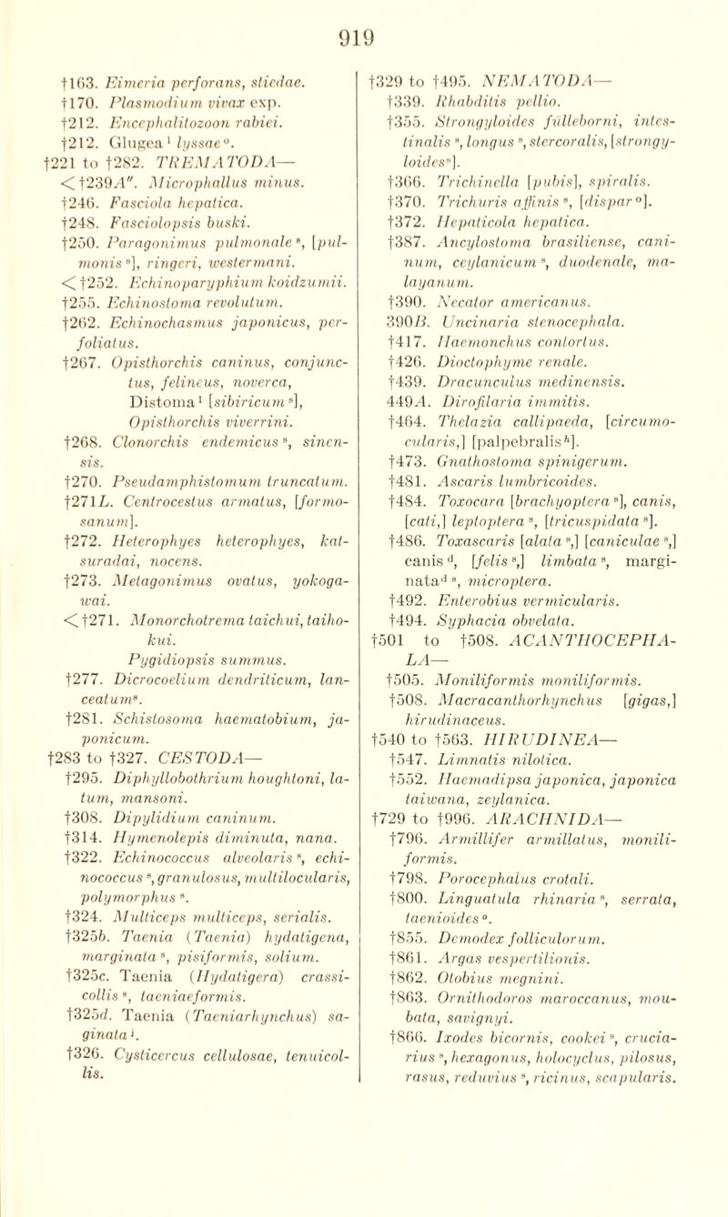 11G3. Eimeria perforans, stiedae. f 170. Plasmodium vivax exp. f212. Encephalitozoon rabid. 1212. Glugea 1 lyssae0. f221 to t282. TREMATODA— <t239/l. Microphallus minus. |246. Fasciola hepatica. |24S. Fasciolopsis buski. t250. Paragonimus pulmonale B, [pul- monis s], ringed, westermani. <C|252. Echinopartyphium koulzumii. f255. Echinostoma revolutum. f2t>2. Echinochasmus japonicus, per- foliatus. f267. Opisthorchis caninus, conjunc- tus, felineus, noverca, Distoma1 [sibiricumB], Opisthorchis viverrini. f268. Clonorchis endemicus, sinen- sis. f270. Pseudamphistomum truncaium. |271L. Centrocestus armatus, [formo- sanum). f272. Heterophyes heterophyes, kat- suradai, nocens. f273. Metagonimus ovatus, yokoga- wai. < |271. Monorchotrema taichui, taiho- kui. Pygidiopsis summus. |277. Dicrocoelium dendriticum, lan- ceatumB. f281. Schistosoma haematobium, ja- ponicum. f283 to f327. CESTODA— f295. Diphyllobothrium houghtoni, la- tum, mansoni. f308. Dipylidium caninum. |314. Hymenolepis diminuta, nana. |322. Echinococcus alveolariss, echi- nococcus e, granulosus, multilocularis, polyrnorphus B. f324. Multiceps midticeps, serialis. 13256. Taenia (Taenia) hydatigena, marginata B, pisiformis, solium. f325c. Taenia (Ilydatigera) crassi- collis B, taeniaefor mis. f325d. Taenia (Taeniarhynchus) sa- ginata >. f326. Cysticercus cellulosae, tenuicol- lis. |329 to f495. NEMATODA— f339. Ilhabditis pellio. f355. Strongyloides fiilleborni, intes- tinalis , longus , stercoralis, [strongy- loidesB). f366. Trichinella [pubis], spiralis. |370. Trichuris affinis , [dispar0]. f372. Ilepalicola hepatica. f387. Ancylosloma brasiliense, cani- num, ceylanicum, duodenale, ma- layanum. f390. Necaior americanus. 390B. Uncinaria stenocephala. f417. Haemonchus conlorlus. f426. Dioctophyme renale. f439. Dracunculus medinensis. 449.4. Dirofilaria immitis. f464. Thelazia callipaeda, [circumo- cularis,] [palpebralis*]. f473. Gnathostoma spinigerum. |481. Ascaris lumbricoides. f484. Toxocara [brachyoplera ], canis, [cati,] leptoptera3, [tricuspidata]. f486. Toxascaris [alala ,] [caniculae,] canisd, \felis,] limbatas, margi- nata'1 , microptera. f492. Enterobius vermicularis. f494. Syphacia obvelata. 1501 to f508. ACANTHOCEPIIA- LA— f505. Moniliformis moniliformis. f508. Macracanthorhynchus [gigas,] hirudinaceus. f540 to fo(53. Ill R UDINE A— f547. Limnatis nilotica. f552. Haemadipsa japonica, japonica taiwana, zeylanica. f729 to t990. ARACIINIDA— f796. Armillifer armillatus, monili- formis. f798. Porocephalus crotali. j'800. Linguatula rhinaria, serrata, taenioides °. f855. Dcmodex folliculorum. f861. Argas vespertilionis. |862. Otobius megnini. f863. Ornithodoros maroccanus, vwu- bata, savignyi. t866. Ixodes bicornis, cookei, crucia- rius , hexagonus, holocyclus, pilosus, rasus, reduvius , ricinus, scapularis.