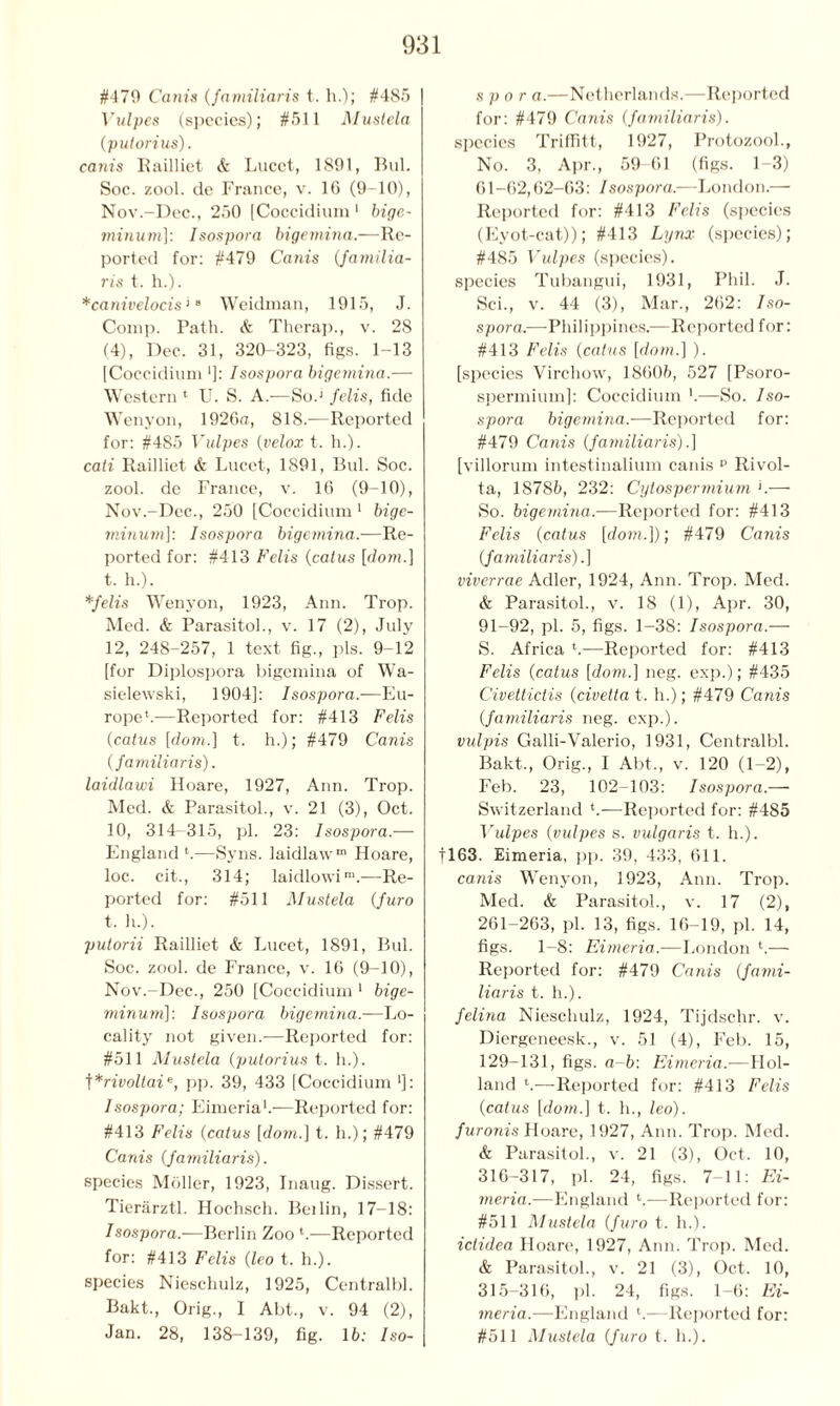 #479 Canis (familiaris t. h.); #485 Vulpes (species); #511 Mustela (pulorius). canis Railliet & Lucet, 1891, Bui. Soc. zool. de France, v. 1G (9-10), Nov.-Dee., 250 (Coccidium 1 bige- minum): Isospora bigemina.—Re- ported for: #479 Canis (familia- ris t. h.). *canivelocis ‘8 Weidman, 1915, J. Comp. Path. & Therap., v. 28 (4), Dec. 31, 320-323, figs. 1-13 [Coccidium ']: Isospora bigemina.— Western 1 U. S. A.—So.J felis, fide Wenyon, 1926a, 818.—Reported for: #485 Vulpes (velox t. h.). cati Railliet & Lucet, 1891, Bid. Soc. zool. de France, v. 16 (9-10), Nov.-Dcc., 250 [Coccidium 1 bige- niinurn]: Isospora bigemina.—Re- ported for: #413 Felis (catus [dom.] t. h.). * felis Wenyon, 1923, Ann. Trop. Med. & Parasitol., v. 17 (2), July 12, 248-257, 1 text fig., pis. 9-12 [for Diplospora bigemina of Wa- sielewski, 1904]: Isospora.—Eu- rope4.-—Reported for: #413 Felis (catus [dom.] t. h.); #479 Canis (familiaris). laidlawi Hoare, 1927, Ann. Trop. Med. & Parasitol., v. 21 (3), Oct. 10, 314-315, pi. 23: Isospora.— England l.—Syns. laidlaw™ Hoare, loc. cit., 314; laidlowim.—Re- ported for: #511 Mustela (furo t. h.). putorii Railliet & Lucet, 1891, Bui. Soc. zool. de France, v. 16 (9-10), Nov.-Dee., 250 [Coccidium 1 bige- minum]: Isospora bigemina.—Lo- cality not given.—Reported for: #511 Mustela (putorius t. h.). f*rivollaie, pp. 39, 433 [Coccidium •]: Isospora; Eimeria1.-—Reported for: #413 Felis (catus [dom.] t. h.); #479 Canis (familiaris). species Moller, 1923, Inaug. Dissert. Tieriirztl. Hochsch. Beilin, 17-18: Isospora.—Berlin Zoo 4.—Reported for: #413 Felis (leo t. h.). species Nieschulz, 1925, Centralbl. Bakt., Orig., I Abt., v. 94 (2), Jan. 28, 138-139, fig. 16: Iso- s p o r a.—Netherlands.—Reported for: #479 Canis (familiaris). species Triffitt, 1927, Protozool., No. 3, Apr., 59-61 (figs. 1-3) 61-62,62-63: Isospora.—London.— Reported for: #413 Felis (species (Eyot-cat)); #413 Lynx (species); #485 Vulpes (species), species Tubangui, 1931, Phil. J. Sci., v. 44 (3), Mar., 262: Iso- spora.—Philippines.—Reported for: #413 Felis (catus [dom.] ). [species Virchow, 18606, 527 [Psoro- spermium]: Coccidium '.—So. Iso- spora bigemina.—Reported for: #479 Canis (familiaris).] [villorum intestinalium canis 11 Rivol- ta, 18786, 232: Cytospermium L— So. bigemina.—Reported for: #413 Felis (catus [dom.]); #479 Canis (familiaris).] viverrae Adler, 1924, Ann. Trop. Med. & Parasitol., v. 18 (1), Apr. 30, 91-92, pi. 5, figs. 1-38: Isospora.— S. Africa 4.—Reported for: #413 Felis (catus [dom.] neg. exp.); #435 Civettictis (civetta t. h.); #479 Canis (familiaris neg. exp.). vulpis Galli-Valerio, 1931, Centralbl. Bakt., Orig., I Abt., v. 120 (1-2), Feb. 23, 102-103: Isospora.— Switzerland 4.—Reported for: #485 Vulpes (vulpes s. vulgaris t. h.). |163. Eimeria, pp. 39, 433, 611. canis Wenyon, 1923, Ann. Trop. Med. & Parasitol., v. 17 (2), 261-263, pi. 13, figs. 16-19, pi. 14, figs. 1-8: Eimeria.—London 4.— Reported for: #479 Canis (fami- liaris t. h.). felina Nieschulz, 1924, Tijdschr. v. Diergeneesk., v. 51 (4), Feb. 15, 129-131, figs, a-b: Eimeria.-—Hol- land 4.-—Reported for: #413 Felis (catus [dom.] t. h., leo). furonis Hoare, 1927, Ann. Trop. Med. & Parasitol., v. 21 (3), Oct. 10, 316-317, pi. 24, figs. 7-11: Ei- meria.—England ‘.—Reported for: #511 Mustela (furo t. h.). ictidea Hoare, 1927, Ann. Trop. Med. & Parasitol., v. 21 (3), Oct. 10, 315-316, pi. 24, figs. 1-6: Ei- meria.—England 4.—Reported for: #511 Mustela (furo t. h.).