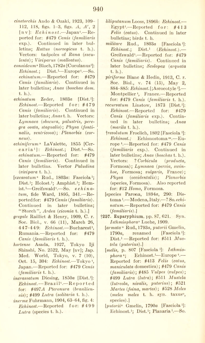 cinetorchis Ando & Ozaki, 1923, 109- 112, 118, figs. 1-3, figs. A, A', 2 [nv]: Echinost.—Japan4.—Re- ported for: #479 Cams (familiaris exp.). Continued in later bul- letins; Rattus (norvegicus t. h.). Vectors: tadpoles of Rana (escu- lenta); Viviparus (malleatus). conoideumB Bloch, 1782a [Cuculanus1]: Echinost.) Dist.1—Europe4.—So. echinatum.—Reported for: #479 Canis {familiaris). Continued in later bulletins; Anas {boschas dom. t. h.). echinatum Zeder, 1803a [Dist.1]: Echinost— Reported for: #479 Canis (familiaris). Continued in later bulletins; Anas t. h. Vectors: Lymnaea {obscura, palustris, pere- gra ovata, stagnalis); Physa (fonti- nalis, ventricosa); Planorbis (cor- neas). echiniferum8 LaValette, 1855 [Cer- caria1]: Echinost.) Dist.1—So. echinat um— Reported for: #479 Canis {familiaris). Continued in later bulletins. Vector Paludina {vivipara t. h.). [excavatums Rud., 1803a: Fasciola1; Dist.1; Holost.1; Amphist.1; Hem- ist.1—Greifswald4.-—So. e china- turn, fide Ward, 1895, 341.—Re- ported for: #479 Canis (familiaris). Continued in later bulletins; “Storch”, Ardea (ciconia t. h.).] gregale Railliet & Henry, 1909, C. r. Soc. Biol., v. 66 (11), March 26, 4 4 7-4 4 9: Echinost.—Bucharest4, Rumania.—Reported for: #479 Canis (familiaris t. h.). hortense Asada, 1927, Tokyo Iji Shinshi, No. 2522, May [nv]; Jap. Med. World, Tokyo, v. 7 (10), Oct. 15, 304: Echinost.—Tokyo 4, Japan.—Reported for: #479 Canis {familiaris t. h.). incrassatum Diesing, 1850a [Dist.1]: Echinost. — B r a z i 14.—R e p o r t e d for: #497/1 Pteronura {brasilien- sis)) #499 Lutra {solitaria t. h.). inerme Fuhrmann, 1904, 63-64, fig. 4: Echinost.—Reported for: #499 Lutra (species t. h.). liliputanumLooss, 18965: Echinost.— Egypt4.—Reported for: #413 Felis {catus). Continued in later bulletins; birds t. h. militare Rud., 1803a [Fasciola •]: Echinost.) Dist.1 {Echinost.).— Greifswald4.—Reported for: #479 Canis {familiaris). Continued in later bulletins; Scolopax {arquata t. h.). piriforme Blanc & Hedin, 1913, C. r. Soc. Biol., v. 74 (15), May 2, 884-885: Echinost. [;Ascocotyle '].— Montpellier 4, France.—Reported for: #479 Canis {familiaris t. h.). recurvatum Linstow, 1873 [Dist.1]: Echinost.-—Reported for: #479 Canis (familiaris exp.). Contin- ued in later bulletins; Anas {marila t. h.). frevolutum Froelich, 1802 [Fasciola *]: Echinost.; Echisnostoma m.—Eu- rope 4.—Reported for: #479 Canis {familiaris exp.). Continued in later bulletins; Anas {boschas t. h.). Vectors: ? Corbicula {producta, Formosa); Lymnaea {pervia, swin- hoe, Formosa; vulgaris, France); Physa {occidentalis); Planorbis (species, Formosa). Also reported for: #12 Homo, Formosa. [species Parana, 1894a, 290: Dis- toma —Modena, Italy.—? So. echi- natum.—Reported for: #479 Canis {familiaris).] f257. Euparyphium, pp. 87, 621. Syn. Isthmiophora8 Luehe, 1909. [armata0 Rud., 1793a, putorii Gmelin, 1790a, renamed [Fasciola1]: Dist.1 —Reported for: #511 Mus- tela {putorius).] [melis, p. 807 [Fasciola ■]: Isthmio- phoraB) Echinost.1—Europe4.— Reported for: #413 Felis {catus, maniculata domestica); #479 Canis {familiaris); #485 Vulpes {vidpes); #499 Lutra {lutra)) #511 Mustela {lutreola, nivalis, putorius)) #521 Maries {foina, rnartes); #528 Meles {meles meles t. h. syn. taxus°, species).] [putorii8 Gmelin, 1790a [Fasciola1]: Echinost.1; Dist.1; Planaria1.—So.