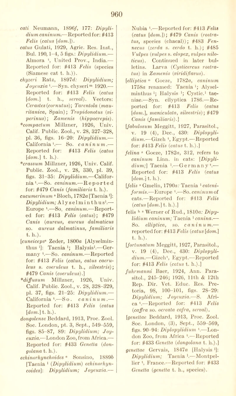 cati Neumann, 1896/, 177: Dipyli- dium caninum.—Reported for: #413 Felis (calus [dom.]). calus Gulati, 1929, Agric. Res. Inst., Bui. 190,1-4, 5 figs.: Dipylidium.— Almora 4, United Prov., India.— Reported for: #413 Felis (species (Siamese cat t. li.)). chyzeri Ratz, 1897c/: Dipylidium; Joyeuxia1.—Syn. chyseri™ 1920.— Reported for: #413 Felis (calus [dom.] t. h., serval). Vectors: Cerastes (cornut us); Tarentola (mau- ritanica, Spain); Tropidonotus (vi- perinus); Zamenis (hippocrepis). *co7npactum Millzner, 1926, Univ. Calif. Public. Zool., v. 28, 327-328, pi. 36, figs. 16-20: Dipylidium.-— California 8— So. caninum.— Reported for: #413 Felis (calus [dom.] t. h.). *crassu7n Millzner, 1926, Univ. Calif. Public. Zool., v. 28, 330, pi. 39, figs. 31-35: Dipylidium.-—Califor- nia4.—So. caninum.—Reported for: #479 Canis (familiaris t. h.). cucumerinum 8 Bloch, 1782a [Taenia']: Dipylidium; Alyselminth us1.— Europe 4.—So. caninum.—Report- ed for: #413 Felis {calus); #479 Canis {aureus, aureus dalmaticus so. aureus dalmalinus, familiaris t. h.). [cuneicepsB Zeder, 1800a [Alyselmin- thus ■]: Taenia Ilalysis1.—Ger- many 4.—So. caninmn.—Reported for: #413 Felis {catus, catus caeru- leus s. coeruleus t. h., silvestris); #479 Canis {coeruleus).] *diffusu77i Millzner, 1926, Univ. Calif. Public. Zool., v. 28, 328-329, pi. 37, figs. 21-25: Dipylidium.— California 4.—S o . caninu7n.— Reported for: #413 Felis {catus [dom.] t. h.). dongolense Beddard, 1913, Proc. Zool. Soc. London, pt. 3, Sept., 549-559, figs. 85-87, 89: Dipylidium; Joy- euxia.—London Zoo, from Africa.— Reported for: #433 Genetta (don- golana t. h.). echinorhynchoides e Sonsino, 18896 [Taenia 1 (Dipxjlidium) echinorhyn- coides]: Dipylidium; Joyeuxia.— Nubia 4.—Reported for: #413 Felis {catus [clom.]); #479 Canis {rostra- tus, species (chacal)); #483 Fen- necus (zerda s. cerdo t. h.); #485 Vulpes (vulpes s. alopex, vulpes nilo- ticus). Continued in later bul- letins. Larva (Cysticercus rostra- tus) in Zamenis (viridiflavus). [elliptica ° Goeze, 1782a, caninum 1758a renamed: Taenia Alysel- minthus *; Halysis Cystic.1 tae- niae.—Syn. ellyptica 1786.—Re- ported for: #413 Felis (calus [do77i.], maniculata, silvestris); #479 Cams {familiaris).] [fabulosu7n Meggitt, 1927, Parasitol., v. 19 (4), Dec., 430: Diplopyli- diu7n.—Gizeh 4, Egypt.-—Reported for: #413 Felis {catus t. h.).] felina 3 Goeze, 1782a, 312, refers to caninum Linn, in cats: [Dipyli- dium;] Taenia ’.—Germany 4.— Reported for: #413 Felis (catus [dom.] t. h.). [felis 3 Gmelin, 1790a: Taenia 1 cateni- for77iis.—Europe 4.-—So. caninum of cats.—Reported for: #413 Felis (catus [dom.] t. h.).] felis h 8 Werner of Rud., 1810a: Dipy- lidium caninum; Taenia 1 canina.— So. elliptica, so. caninu m.— reported for: #413 Felis (catus [dom] t. h.). [forlu7ialu77i Meggitt, 1927, Parasitol., v. 19 (4), Dec., 430: Diploprjli- diu77i.—Gizeh4, Egypt.—Reported for: #413 Felis (catus t. h.).) fuhrmanni Baer, 1924, Ann. Para- sitol., 245-246; 1926, 11th & 12th Rep. Dir. Vet. Educ. Res. Pre- toria, 98, 100-101, figs. 2S-29: Dipylidium; Joyeuxia.—S. Afri- ca ‘.—Reported for: #413 Felis (caffra so. ocreata cafra, serval). [geneltae Beddard, 1913, Proc. Zool. Soc. London, (3), Sept., 559-569, figs. 90-94: Diplopylidium 4.—Lon- don Zoo, from Africa ‘.—Reported for: #433 Genetta (dongola7ia t. h.).] geneltae Gervais, 1847a [Ilalysis ']: Dipylidium; Taenia *.—Montpel- lier 4, France.—Reported for: #433 Genetta (genetta t. h., species).