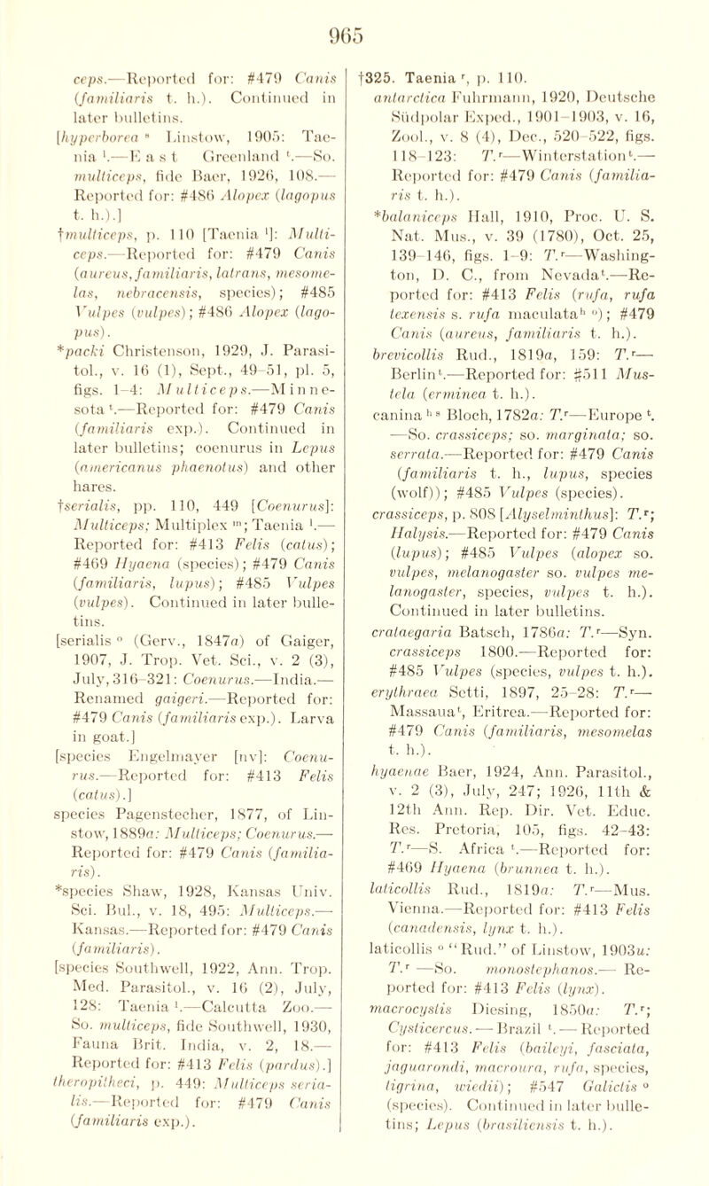 ceps.—Reported for: #479 Cants (Jamiliaris t. h.). Continued in later bulletins. [hyperborea 9 Linstow, 1905: Tae- nia —E a s t Greenland 4.—So. multiceps, fide Baer, 1926, 1 OS.— Reported for: #486 Alopex (lagopus t, h.).] fmulticeps, p. 110 [Taenia1]: Multi- ceps.—Reported for: #479 Cants (aureus, Jamiliaris, lalrans, mesome- las, nebracensis, species); #485 Vulpes (vulpes); #486 Alopex (lago- pus). *packi Christenson, 1929, J. Parasi- tol., v. 16 (1), Sept., 49-51, pi. 5, figs. 1-4: Multiceps.—Minne- sota4.—Reported for: #479 Cams (Jamiliaris exp.). Continued in later bulletins; coenurus in Lepus (americanus phaenotus) and other hares. fserialis, pp. 110, 449 [Coenurus]: Multiceps; Multiplex ,n; Taenia *.— Reported for: #413 Felis (catus); #469 Hyaena (species); #479 Cams (Jamiliaris, lupus); #485 Vulpes (vulpes). Continued in later bulle- tins. [serialis ° (Gerv., 1847a) of Gaiger, 1907, J. Trop. Vet. Sci., v. 2 (3), July, 316-321: Coenurus.—India.— Renamed gaigeri.—Reported for: #479 Cams (Jamiliaris exp.). Larva in goat.] [species Engelmayer [nv]: Coenu- rus.—Reported for: #413 Felis (catus).] species Pagenstecher, 1877, of Lin- stow, 1889a: Multiceps; Coenurus.— Reported for: #479 Cams (familia- ris). *species Shaw, 1928, Kansas Univ. Sci. Bui., v. 18, 495: Multiceps.—- Kansas.—Reported for: #479 Cards (Jamiliaris). [species Southwell, 1922, Ann. Trop. Med. Parasitol., v. 16 (2), July, 128: Taenia1.—Calcutta Zoo.— So. multiceps, fide Southwell, 1930, Fauna Brit. India, v. 2, 18.— Reported for: #413 Felis (pardus).] theropitheci, p. 449: Multiceps seria- lis.—Reported for: #479 Cards (Jamiliaris exp.). [325. Taenia r, p. 110. anlarctica Fuhrmann, 1920, Deutsche Sudpolar Exped., 1901 1903, v. 16, Zool., v. 8 (4), Dec., 520 522, figs. 118 123: T.r—Winterstation4.— Reported for: #479 Cards (familia- ris t. h.). *balaniceps Hall, 1910, Proc. U. S. Nat. Mus., v. 39 (1780), Oct. 25, 139-146, figs. 1- 9: T.r—Washing- ton, D. C., from Nevada4.—Re- ported for: #413 Felis (rufa, rufa texensis s. rufa maculatah °); #479 Canis (aureus, Jamiliaris t. h.). brevicollis Rud., 1819a, 159: T.r— Berlin4.—Reported for: #611 Mus- tela (erminea t. h.). canina hs Bloch, 1782a: Tj—Europe 4. —So. crassiceps; so. marginata; so. serrata.—Reported for: #479 Canis (Jamiliaris t. h., lupus, species (wolf)); #485 Vulpes (species). crassiceps, p. SOS [Alyselminthus]: T.r; Halysis.—Reported for: #479 Canis (lupus); #485 Vulpes (alopex so. vulpes, melanogaster so. vulpes me- lanogaster, species, vulpes t. h.). Continued in later bulletins. crataegaria Batsch, 1786a: Tj—Syn. crassiceps 1800.—Reported for: #485 Vulpes (species, vulpes t. h.). erythraea Sctti, 1897, 25-28: Tj— Massaua4, Eritrea.—Reported for: #479 Canis (Jamiliaris, mesomelas t, h.). hyaenae Baer, 1924, Ann. Parasitol., v. 2 (3), July, 247; 1926, 11th & 12th Ann. Rep. Dir. Vet. Educ. Res. Pretoria, 105, figs. 42-43: Tj—S. Africa 4.—Reported for: #469 Hyaena (brunnea t. h.). laticollis Rud., 1819a: Tj—Mus. Vienna.—Reported for: #413 Felis (canadensis, lynx t. h.). laticollis ° “Rud.” of Linstow, 1903a: Tj —So. monostephanos.— Re- ported for: #413 Felis (lynx), macrocystis Diesing, 1850a: Tj; Cysticercus. — Brazil 4. — Reported for: #413 Felis (baileyi, fasciata, jaguarondi, macroura, rufa, species, tigrina, wiedii); #547 Galiclis 0 (species). Continued in later bulle- tins; Lepus (brasiliensis t. h.).