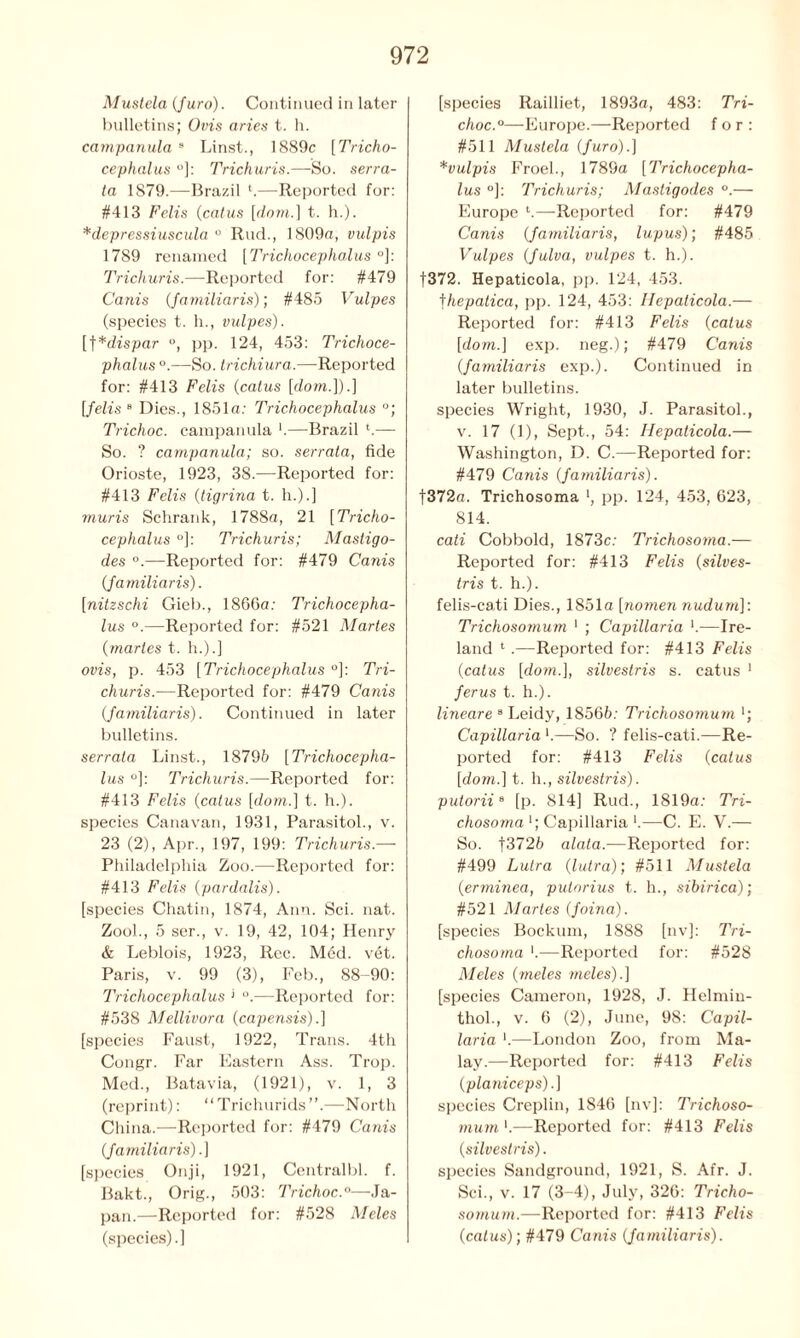 Mustela (furo). Continued in later bulletins; Ovis dries t. h. campanula 9 Linst., 1889c [Tricho- cephalus °]: Trichuris.—-So. serra- ta 1879.—Brazil l.—Reported for: #413 Fclis (catus [dom.] t. h.). *depressiuscida ° Rud., 1809a, vulpis 1789 renamed [Trichocephalus °]: Trichuris.—Reported for: #479 Canis (familiaris); #485 Vulpes (species t. h., vulpes). [}*dispar °, pp. 124, 453: Trichoce- phalus °.—So. trichiura.—Reported for: #413 Felis (catus [dom.]).} [felis 8 Dies., 1851a: Trichocephalus °; Trichoc, campanula '.—Brazil l.— So. ? campanula; so. serrata, fide Orioste, 1923, 38.—Reported for: #413 Felis (tigrina t. h.).] muris Schrank, 1788a, 21 [Tricho- cephalus °]: Trichuris; Mastigo- des °.—Reported for: #479 Canis (familiaris). [nitzschi Gieb., 1866a: Trichocepha- lus °.—Reported for: #521 Maries (martes t. h.).] ovis, p. 453 [Trichocephalus °]: Tri- churis.—Reported for: #479 Canis (familiaris). Continued in later bulletins. serrata Linst., 18795 [Trichocepha- lus °]: Trichuris.—Reported for: #413 Felis (catus [dom.] t. h.). species Canavan, 1931, Parasitol., v. 23 (2), Apr., 197, 199: Trichuris — Philadelphia Zoo.—Reported for: #413 Felis (pardalis). [species Chatin, 1874, Ann. Sci. nat. Zool., 5 ser., v. 19, 42, 104; Henry & Leblois, 1923, Rcc. M6d. vet. Paris, v. 99 (3), Feb., 88-90: Trichocephalus > °.—Reported for: #538 Mellivora (capensis).] [species Faust, 1922, Trans. 4th Congr. Far Eastern Ass. Trop. Med., Batavia, (1921), v. 1, 3 (reprint): “Trichurids”.—North China.—Reported for: #479 Canis (familiaris).] [species Onji, 1921, Centralbl. f. Bakt., Orig., 503: Trichoc.0—Ja- pan.—Reported for: #528 Meles (species).] [species Railliet, 1893a, 483: Tri- choc.0— Europe.—Reported for: #511 Mustela (furo).] *vulpis Froel., 1789a [Trichocepha- lus °]: Trichuris; Mastigodes °.— Europe l.—Reported for: #479 Canis (familiaris, lupus); #485 Vulpes (fulva, vulpes t. h.). f372. Hepaticola, pp. 124, 453. fhepatica, pp. 124, 453: Hepaticola.— Reported for: #413 Felis (catus [dom.] exp. neg.); #479 Canis (familiaris exp.). Continued in later bulletins. species Wright, 1930, J. Parasitol., v. 17 (1), Sept., 54: Hepaticola.— Washington, D. C.—-Reported for: #479 Canis (familiaris). f372a. Trichosoma ', pp. 124, 453, 623, 814. cati Cobbold, 1873c: Trichosoma.— Reported for: #413 Felis (silves- tris t. h.). felis-cati Dies., 1851a [nomen nudum]: Trichosomum ' ; Capillaria '.—Ire- land 1.—Reported for: #413 Felis (catus [dom.], silvestris s. catus 1 ferus t. h.). lineare 8 Leidy, 18565: Trichosomum *; Capillaria l.—So. ? felis-cati.—Re- ported for: #413 Felis (catus [do/a.] t. h., silvestris). putoriiB [p. 814] Rud., 1819a: Tri- chosoma '; Capillaria —C. E. V.— So. f3725 alata.—Reported for: #499 Luira (lulra); #511 Mustela (erminea, putorius t. h., sibirica); #521 Martes (foina). [species Bockum, 1888 [nv]: Tri- chosoma '.—Reported for: #528 Meles (meles meles).] [species Cameron, 1928, J. Helmin- thol., v. 6 (2), June, 98: Capil- laria '.—London Zoo, from Ma- lay.—Reported for: #413 Felis (planiceps).] species Creplin, 1846 [nv]: Trichoso- mum1.—Reported for: #413 Felis (silvestris). species Sandground, 1921, S. Afr. J. Sci., v. 17 (3-4), July, 326: Tricho- somum.—Reported for: #413 Felis (catus); #479 Cams (familiaris).