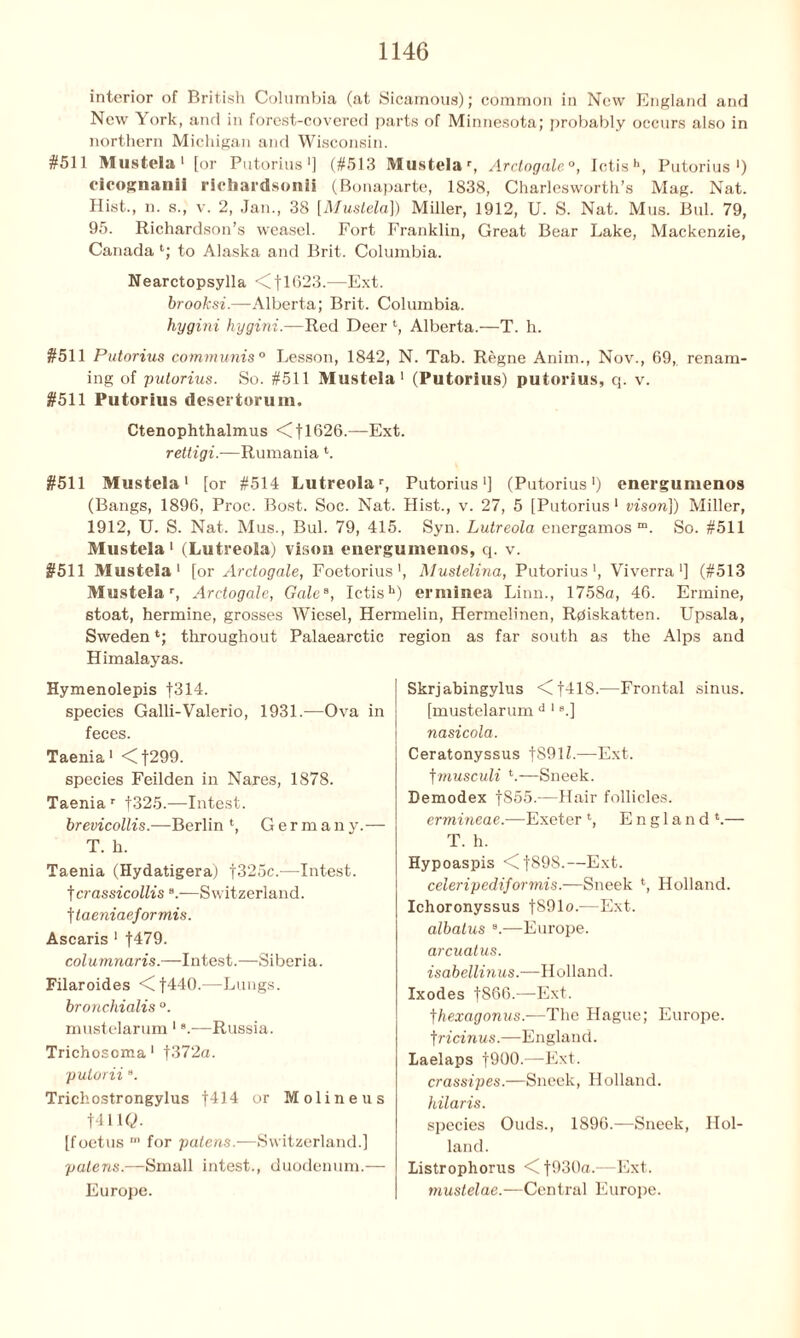 interior of British Columbia (at Sicamous); common in New England and New York, and in forest-covered parts of Minnesota; probably occurs also in northern Michigan and Wisconsin. #511 Mustela1 [or Putorius1] (#513 Mustelar, Arctogale0, Ictish, Putorius ') cicognanii richardsonii (Bonaparte, 1838, Charlesworth’s Mag. Nat. Hist., n. s., v. 2, Jan., 38 [Mustela]) Miller, 1912, U. S. Nat. Mus. Bui. 79, 95. Richardson’s weasel. Fort Franklin, Great Bear Lake, Mackenzie, Canada *; to Alaska and Brit. Columbia. Nearctopsylla <fl623.—Ext. broolcsi.—Alberta; Brit. Columbia. hygini hygini.—Red Deer *■, Alberta.—T. h. #511 Putorius communis0 Lesson, 1842, N. Tab. Regne Anim., Nov., 69,. renam- ing of putorius. So. #511 Mustela1 (Putorius) putorius, q. v. #511 Putorius desertorum. Ctenophthalmus <C|1626.—Ext. rettigi.—Rumania t. #511 Mustela1 [or #514 Lutreolar, Putorius1] (Putorius1) energumenos (Bangs, 1896, Proc. Bost. Soc. Nat. Hist., v. 27, 5 [Putorius1 vison]) Miller, 1912, U. S. Nat. Mus., Bui. 79, 415. Syn. Lutreola energamos m. So. #511 Mustela 1 (Lutreola) vison energumenos, q. v. #511 Mustela1 [or Arctogale, Foetorius ’, Muslelina, Putorius1, Viverra1] (#513 Mustelar, Arctogale, GaleB, Ictish) erminea Linn., 1758a, 46. Ermine, stoat, hermine, grosses Wiesel, Hermelin, Hermelinen, Rpiskatten. Upsala, Sweden*; throughout Palaearctic Himalayas. Hymenolepis f314. species Galli-Valerio, 1931.—Ova in feces. Taenia 1 <C f299. species Feilden in Nares, 1878. Taenia r f325.—Intest. brevicollis.—Berlin *, German y.— T. h. Taenia (Hydatigera) f325c.-—Intest, f crassicollis8.—Switzerland, f taeniaeformis. Ascaris 1 f479. columnaris.—Intest.—Siberia. Filaroides <f440.—Lungs. bronchialis °. mustelarum 18.—Russia. Trichosoma1 f372a. pulorii 8. Trichostrongylus f414 or Molineus t411Q. [foetus ,n for patens.—Switzerland.] patens.—Small intest., duodenum.— Europe. region as far south as the Alps and Skrjabingylus <Cf418.—Frontal sinus, [mustelarum d 18.] nasicola. Ceratonyssus fS91Z.—Ext. fmusculi *.—Sneek. Demodex f855.—Hair follicles. ermineae.—Exeter *, England *.— T. h. Hypoaspis <t898.—Ext. celeripediformis.—Sneek *, Holland. Ichoronyssus fS91o.—Ext. albalus s.—Europe. arcuatus. isabellinus.—Holland. Ixodes f866.—Ext. fhexagonus.—The Hague; Europe. \ricinus.—England. Laelaps t900.—Ext. crassipes.—Sneek, Holland. hilaris. species Ouds., 1896.—Sneek, Hol- land. Listrophorus <f930a.—Ext. mustelae.—Central Europe.
