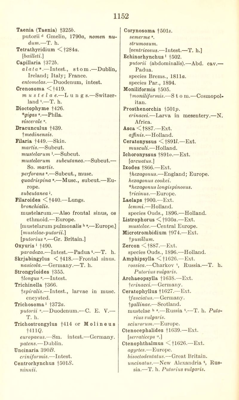 Taenia (Taenia) |325b. putorii d Gmelin, 1790a, nomen nu- dum.—T. h. Tetrathyridium < |284a. [bailleti.] Capillaria |372b. alatae.—Intest., stom.—Dublin, Ireland; Italy; France. entomelas.-—duodenum, intest. Crenosoma <C 19. m u s t e l a e.—L u n g s.—Switzer- land t.—T. h. Dioctophyme f426. *gigas 8.—Phila. viscerale 8. Dracunculus |439. t medinensis. Filaria f449.—Skin. martis.—Subcut. mustelarum l.—Subcut. mustelarum subcutanea.—Subcut.— So. martis. perjorans 8.—Subcut., muse. quadrispina 8.—Muse., subcut.—Eu- rope. subcutanea K Filaroides <1440.—Lungs. bronchialis. mustelarum.—Also frontal sinus, os ethmoid.—Europe. [mustelarum pulmonalis h 8.—Europe.] [mustelae-putorii.] [putorius 8.—Gr. Britain.] Oxyuris 1 f490. paradoxa.—Intest.—Padua *.—T. h. Skrjabingylus < f418.—Frontal sinus. nasicola.—Germany.—T. h. Strongyloides |355. ]longus B.—Intest. Trichinella f366. tspiralis.-—Intest., larvae in muse, encysted. Trichosoma1 |372a. putorii s.—Duodenum.—C. E. V.— T. h. Trichostrongylus |414 or Moline us t411Q. europaeus.—Sm. intest.—Germany. patens.—Dublin. TJncinaria 390B. criniformis.—Intest. Centrorhynchus f501*8. ninnii. Corynosoma |501s. semerme 8. strumosum. [ventricosus.—Intest.—T. h.] Echinorhynchus 1 f502. putorii (abdominalis).—Abd. cav.— Padua. species Brems., 1811a. species Par., 1894. Moniliformis f505. fmoniliformis.—-S t o m.—Cosmopol- itan. Prosthenorchis f501p. erinacei.—Larva in mesentery.—N. Africa. Asca < f887.—Ext. affinis.—Holland. Ceratonyssus <f89H.—Ext. musculi.—Holland. Ichoronyssus f891o.—Ext. [arcuatus.] Ixodes f866.—Ext. thexagonus.—England; Europe. hexagonus cookei. *hexagonus longispinosus. f ricinus.—Europe. Laelaps f900.—Ext. lemmi.—Holland, species Ouds., 1896.—Holland. Listrophorus <49300.—Ext. rnustelae.—Central Europe. Microtrombidium f974.—Ext. f pusillum. Zercon <|887.—Ext. species Ouds., 1896.—Holland. Amphipsylla <C f 1626.—Ext. rossica.—Charkov t, Russia.—T. h. Putorius vulgaris. Archaeopsylla fl63S.—Ext. fmViacei.—Germany. Ceratophyllus f 1627.—Ext. tfasciatus.—Germany. ]gallinae.-—Scotland, rnustelae b 8.—Russia T. h. Puto- rius vulgaris, sciurorum.—Europe. Ctenocephalides f 1639.—Ext. [serraticeps °.] Ctenophthalmus <fl626.—Ext. agyrtes.—Europe. bisoclodentatus.—Great Britain. uncinalus.—New Alexandria *, Rus- sia.—T. h. Putorius vulgaris.