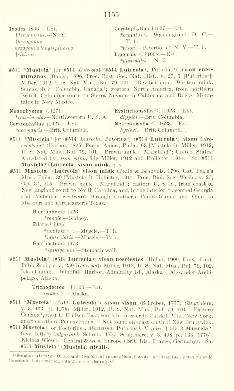 Ixodes fS66.—Ext. t*cruciarius.—N. Y. t hexagonus. hexagon us longispinosus. t ricinus. Ceratophyllus f 1627. Ext. *oculalusa.—Washington1, I). C.— T. h. *vison.—Peterboro 4, N. Y.—T. h. Lipeurus <fl()98. — Ext. *dissimilis.—N. C. #511 *Mustela' [or #514 Lutreola] (#514 Lutreolar, Putorius1) vison ener- gumenos (Bangs, 1896, Proc. Bost. Soc. Nat. Hist., v. 27, 5 [Putorius1]) Miller, 1912, U. 8. Nat. Mus., Bui. 79, 101. Devilish mink, Western mink. Sumas, Brit. Columbia, Canada1; western North America, from northern British Columbia south to Sierra Nevada in California and Rocky Moun- tains in New Mexico. Nanophyetus <C]271. *salmincola.—Northwestern U. S. Ceratophyllus f 1627.-—Ext. facamantis.—Brit. Columbia. Hystrichopsylla <(tl623.—Ext. dippiei.—Brit. Columbia. Nearctopsylla <C f 1623.—Ext. hyrlaci.—Brit. Columbia 4. #511 *Mustela1 [or #514 Lutreola, Putorius1] (#514 Lutreolar) vison lutre- occphala8 (Harlan, 1825, Fauna Amer., Phila., 63 [Mustela1]) Miller, 1912, E. S. Nat. Mus., Bui. 79, 101. Brown mink. Maryland4; United States. Antedated by vison mink, fide Miller, 1912 and Hollister, 1914. So. #511 Mustela 1 (Lutreola) vison mink, q. v. #511 Mustela1 (Lutreola) vison mink (Peale & Beauvois, 1796, Cat. Peale’s Mus., Phila., 39 [Mustela1]) Hollister, 1914, Proc. Biol. Soc. Wash., v. 27, Oct. 31, 215. Brown mink. Maryland*; eastern U. S. A., from coast of New England south to North Carolina, and, in the interior, to central Georgia and Alabama; westward through southern Pennsylvania and Ohio to Missouri and northeastern Texas. Dioctophyme |426. *renale.-—Kidney. Filaria 1 f435. *dentata h °.—Muscle.—T. h. *7iiuscularis.—Muscle.—T. h. Gnathostoma f473. *spinigerum.—Stomach wall. #511 Mustela1 (#514 Lutreolar) vison nesolestes (Heller, 1909, Univ. Calif. Publ. Zool., v. 5, 259 [Lutreola]) Miller, 1912, U. S. Nat. Mus., Bui. 79, 102. Island mink. Windfall Harbor, Admiralty Id., Alaska 4; Alexander Archi- pelago, Alaska. Trichodectes f 1100.—Ext. retusus s.—Alaska. #511 *Mustela‘ (#514 Lutreolar) vison vison (Schreber, 1777, Saugthiere, v. 3, 463, pi. 1276) Miller, 1912, U. S. Nat. Mus., Bui. 79, 101. Eastern Canada4, west to Hudson Bay; south in interior to Catskill Mts., New York, and to northern Pennsylvania. Not found on coast south of New Brunswick. #511 Mustela1 [or Foetorius1, Mustelina, Putorius1, Viverra1] (#513 Mustela r, Gale, Ictish) vulgaris65' Schrcb., 1777, Saugthiere, v. 3, 498, pi. 13S (1776). Kleines Wiesel. Central & west Europe (Brit. Ids., France, Germany). So. #511 Mustela1 (Mustela) nivalis. M See also next entry. On account of confusion in name of host, both #511 nivalis ami #511 putorius should b9 consulted in connection with the records for vulgaris.