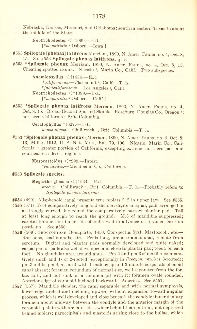 Nebraska, Kansas, Missouri, and Oklahoma; south in eastern Texas to about the middle of the State. Neotrichodectes <jT099.—Ext. [*mephitidis 8 Osborn.—Iowa.] #553 Spilogale fphenax] latifrons Merriam, 1890, N. Amer. Fauna, no. 4, Oct. 8, 15. So. #553 Spilogale phenax latifrons, q. v. #553 *SpiIogale phenax Merriam, 1890, N. Amer. Fauna, no. 4, Oct. 8, 13. Cheating spotted skunk. Nicasio ‘, Marin Co., Calif. Two subspecies. Anomiopsyllus <fl634.—Ext. * calif or nicus.—Claremont l, Calif.—T. h. *falsicalifornicus.—Los Angeles ‘, Calif. Neotrichodectes <Cfl099.—Ext. [*mephilidis 9 Osborn.—Calif.] #553 * Spilogale phenax latifrons Merriam, 1890, N. Amer. Fauna, no. 4, Oct. 8, 15. Broad-Headed Spotted Skunk. Roseburg, Douglas Co., Oregon l; northern California; Brit. Columbia. Ceratophyllus f 1627.—Ext. nepos nepos.—Chilliwack Brit. Columbia.—T. h. #553 *Spilogale phenax phenax (Merriam, 1890, N. Amer. Fauna, no. 4, Oct. 8- 13) Miller, 1912, U. S. Nat. Mus., Bui. 79, 106. Nicasio, Marin Co., Cali- fornia *■; greater portion of California, excepting extreme northern part and southeastern desert regions. Mesocestoides <]f299.—Intest. *variabilis.—Mendocino Co., California. #553 Spilogale species. Megarthroglossus <C flO-34.—Ext. procus.—Chilliwack t, Brit. Columbia.-—T. h.—Probably' refers to Spilogale phenax latifrons. #554 (490). Alisphenoid canal present; true molars 2-2 in upper jaw. See #555. #555 (571). Feet comparatively long and slender, digits unequal, pads arranged in a strongly curved line round the comparatively narrow plantar pad. Tail at least long enough to reach the ground. M.3 of mandible suppressed; carotid foramen on inner side of bulla well in advance of foramen lacerum posticum. See #556. #556 (569). procyonidae Bonaparte, 1850, Conspectus Syst. Mastozool., etc.— Raccoons, coatimundis, etc. Penis long, prepuce abdominal, remote from scrotum. Digital and plantar pads normally developed and quite naked; carpal pad or pads also well developed and close to plantar pad; toes 5 on each foot. No glandular area around anus. Pm.2 and pm.3 of maxilla compara- tively small and 1- or 2-rooted (exceptionally in Procyon, pm.3 is 3-rooted); pm.3 unlike pm.4, at most with 1 main cusp and 3 minute cusps; alisphenoid canal absent; foramen rotundum of normal size, well separated from the for. lac. ant., and not sunk in a common pit with it; foramen ovale rounded. Anterior edge of coronoid inclined backward. America. See #557. #557 (567). Mandible slender, the rami separable and with normal symphysis, lower edge arched and inclining upward without expansion toward angular process, which is well developed and close beneath the condyle; inner dentary foramen about midway between the condyle and the anterior margin of the coronoid; palate with arcuate sides, wider behind than in front, not depressed behind molars; paroccipitals and mastoids arising close to the bullae, which