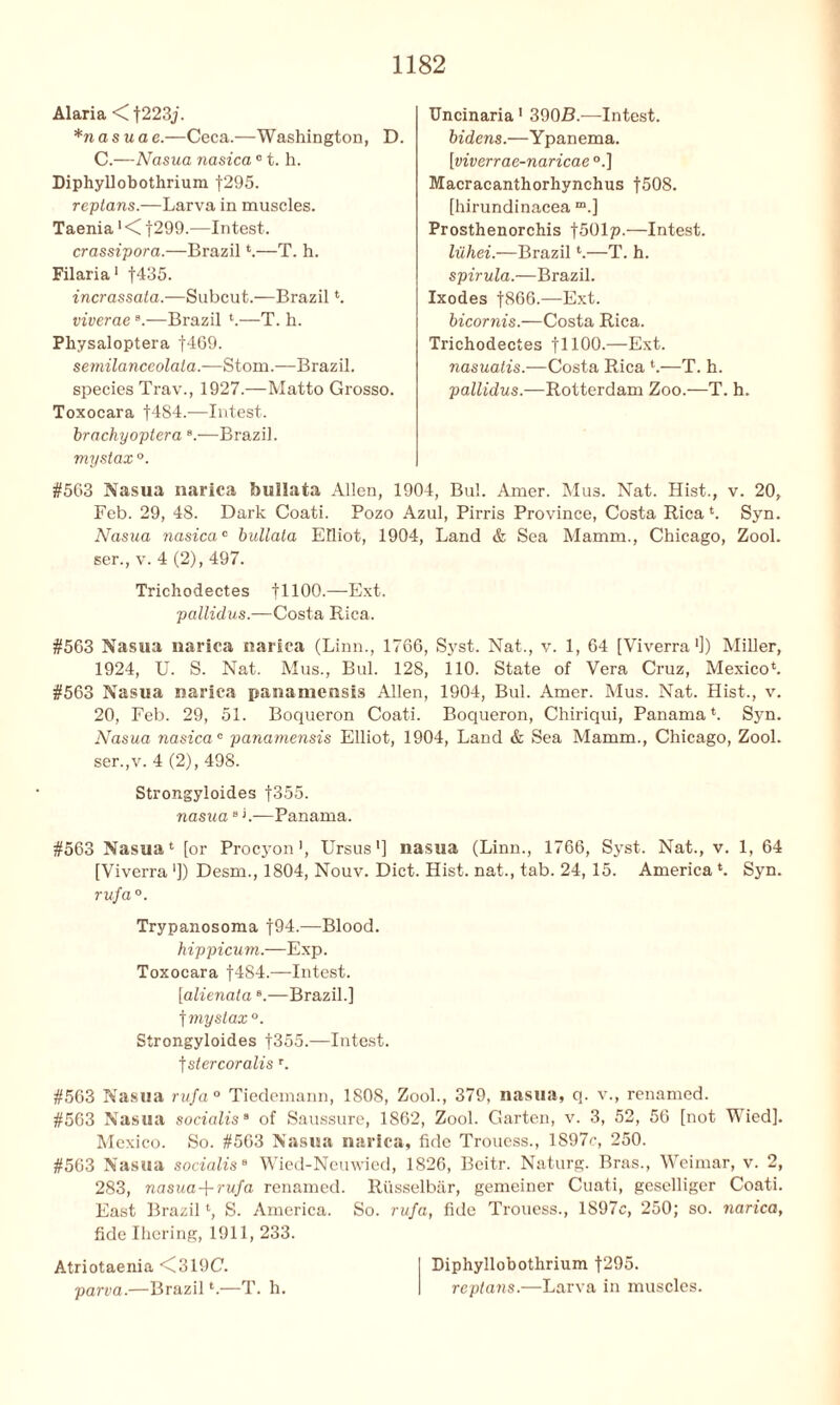 Alaria < f223j. *nasuae.—Ceca.—Washington, D. C.—Nasua nasica01. h. Diphyllobothrium |295. reptans.—Larva in muscles. Taenia '< f299.—Intest. crassipora.—Brazil *.—T. h. Filaria1 f435. incrassata.—Subcut.—Brazil *. viverae s.—Brazil *.—T. h. Physaloptera f469. semilanceolata.—Stom.—Brazil, species Trav., 1927.—Matto Grosso. Toxocara f4S4.—Intest. brachyoptera8.—Brazil. mystax °. #563 Nasua narica bullata Allen, 1904, Bui. Amer. Mus. Nat. Hist., v. 20, Feb. 29, 48. Dark Coati. Pozo Azul, Pirris Province, Costa Rica*. Syn. Nasua nasicac bullata Elliot, 1904, Land & Sea Mamm., Chicago, Zool. ser., v. 4 (2), 497. Trichodectes til 00.—Ext. pallidus.—Costa Rica. #563 Nasua narica narica (Linn., 1766, Syst. Nat., v. 1, 64 [Viverra1]) Miller, 1924, U. S. Nat. Mus., Bui. 128, 110. State of Vera Cruz, Mexico*. #563 Nasua narica panamensis Allen, 1904, Bui. Amer. Mus. Nat. Hist., v. 20, Feb. 29, 51. Boqueron Coati. Boqueron, Chiriqui, Panama*. Syn. Nasua nasica0 panamensis Elliot, 1904, Land & Sea Mamm., Chicago, Zool. ser.,v. 4 (2), 498. Strongyloides f355. nasua 8 L—Panama. #563 Nasua* [or Procyon1, Ursus’] nasua (Linn., 1766, Syst. Nat., v. 1, 64 [Viverra ']) Desm., 1804, Nouv. Diet. Hist, nat., tab. 24, 15. America *. Syn. rufa °. Trypanosoma f94.—Blood. hippicum.—Exp. Toxocara f4S4.—Intest. [alienata s.—Brazil.] f mystax0. Strongyloides f355.—Intest, f stercoralis r. #563 Nasua rufa° Tiedemann, 1808, Zool., 379, nasua, q. v., renamed. #563 Nasua socialis8 of Saussure, 1862, Zool. Garten, v. 3, 52, 56 [not Wied]. Mexico. So. #563 Nasua narica, fide Trouess., 1897c, 250. #563 Nasua socialis8 Wied-Neuwied, 1826, Beitr. Naturg. Bras., Weimar, v. 2, 283, nasua-\-rufa renamed. Rtisselbar, gemeiner Cuati, geselliger Coati. East Brazil *, S. America. So. rufa, fide Trouess., 1897c, 250; so. narica, fide Ihering, 1911, 233. Atriotaenia <319C. Diphyllobothrium ]295. parva.—Brazil*.—T. h. replans.—Larva in muscles. Uncinaria 1 390R.—Intest. bidens.—Ypanema. [viverrae-naricae °.] Macracanthorhynchus f508. [hirundinacea m.] Prosthenorchis f501p.—Intest. luhei.—Brazil *.—T. h. spirula.—Brazil. Ixodes |866.—Ext. bicornis.—Costa Rica. Trichodectes f 1100.—-Ext. nasualis.—Costa Rica *.—T. h. pallidus.—Rotterdam Zoo.—T. h.