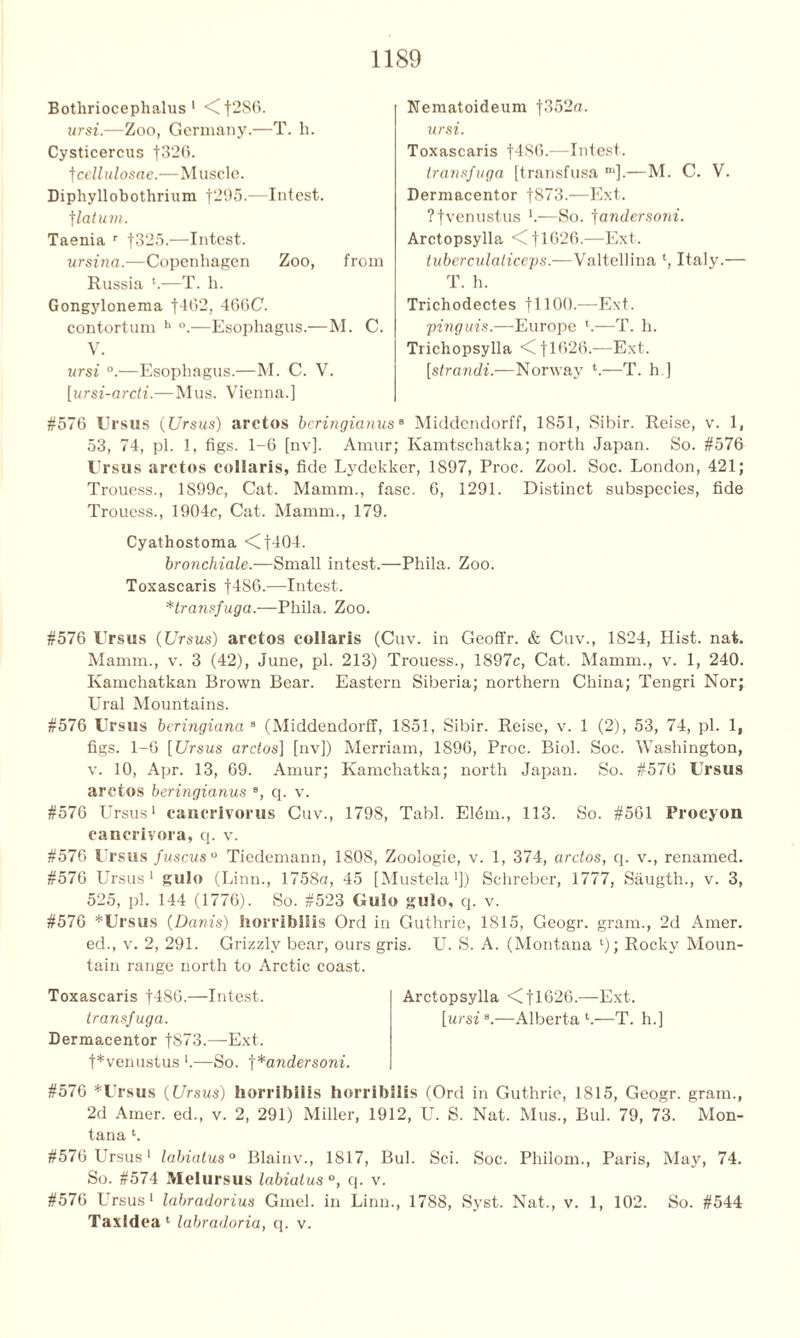 Bothriocephalus 1 <f286. ursi.—Zoo, Germany.—T. h. Cysticercns |326. tccllulosae.—Muscle. Diphyllobothrium f295.—Intest, f latum. Taenia r f325.—Intest. ursina.—Copenhagen Zoo, from Russia *.—T. h. Gongylonema t4G2, 466C. contortum h °.—Esophagus.—M. C. V. ursi °.—Esophagus.—M. C. V. [ursi-arcti.—Mus. Vienna.] #576 Ursus (Ursus) arctos bcringianus 53, 74, pi. 1, figs. 1-6 [nv], Amur Ursus arctos collaris, fide Lydekl Trouess., 1899c, Cat. Mamm., fa Trouess., 1904c, Cat. Mamm., 179. Cyathostoma <Cf404. bronchiale.—-Small intest.— Toxascaris f486.—Intest. *transfuga.—Phila. Zoo. Nematoideum f352a. ursi. Toxascaris I486.—Intest. transfuga [transfusa “].—M. C. V. Dermacentor f873.—Ext. ?fvenustus '.—So. fundersoni. Arctopsylla <fl626.—Ext. tuberculaticeps.—Valtellina l, Italy.— T. h. Trichodectes f 1100.—Ext. •pinguis.—Europe h—T. h. Tricliopsylla <C fl626.—Ext. [strandi.—Norway *.—T. h ] 8 Middendorff, 1851, Sibir. Reise, v. 1, ; Ivamtschatka; north Japan. So. #576 er, 1S97, Proc. Zool. Soc. London, 421; sc. 6, 1291. Distinct subspecies, fide Phila. Zoo. #576 Ursus (Ursus) arctos collaris (Cuv. in Geoffr. & Cuv., 1824, Hist. nat. Mamm., v. 3 (42), June, pi. 213) Trouess., 1897c, Cat. Mamm., v. 1, 240. Kamchatkan Brown Bear. Eastern Siberia; northern China; Tengri Nor; Ural Mountains. #576 Ursus bcringiana 3 (Middendorff, 1851, Sibir. Reise, v. 1 (2), 53, 74, pi. 1, figs. 1-6 [Ursus arctos] [nv]) Merriam, 1896, Proc. Biol. Soc. Washington, v. 10, Apr. 13, 69. Amur; Kamchatka; north Japan. So. #576 Ursus arctos bcringianus B, q. v. #576 Ursus1 cancrivorus Cuv., 1798, Tabl. Elem., 113. So. #561 Procyon eancrivora, q. v. #576 Ursus fuscus0 Tiedemann, 1808, Zoologie, v. 1, 374, arctos, q. v., renamed. #576 Ursus1 gulo (Linn., 1758a, 45 [Mustela1]) Schreber, 1777, Saugth., v. 3, 525, pi. 144 (1776). So. #523 Gulo gulo, q. v. #576 *Ursus (Davis) horribilis Ord in Guthrie, 1815, Geogr. gram., 2d Amer. ed., v. 2, 291. Grizzly bear, ours gris. U. S. A. (Montana l); Rocky Moun- tain range north to Arctic coast. Toxascaris J486.—Intest. Arctopsylla <Ctl626.—Ext. transfuga. [ursie.—Alberta T. h.] Dermacentor fS73.—Ext. t*venustus ■.—So. f *andersoni. #576 *Ursus (Ursus) horribilis horribilis (Ord in Guthrie, 1815, Geogr. gram., 2d Amer. ed., v. 2, 291) Miller, 1912, U. S. Nat. Mus., Bui. 79, 73. Mon- tana h #576 Ursus1 labiatus0 Blainv., 1817, Bui. Sci. Soc. Philom., Paris, May, 74. So. #574 Melursus labiatus °, q. v. #576 Ursus1 labradorius Gmel. in Linn., 1788, Syst. Nat., v. 1, 102. So. #544 Taxldea 1 labradoria, q. v.