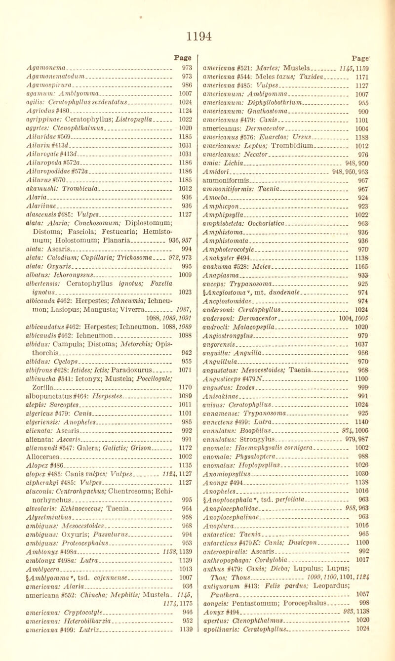 Page Agamonema 973 Agamonematodum 973 Agamospirura . .. 986 aganium: Amblgomma 1007 agilis: Ceratophyllus sexdentatus.. 1024 Agriodus #480 1124 ogrippinae: Ceratophyllus; Listropsylla 1022 agyrles: Ctenophthalmus 1020 Ailuridae #5G9 1185 Ailurin #413(i 1031 Ailurogale#\\3d 1031 Ailuropoda#572a 1186 Aiiuropodidae#572a 1186 Ailurus #570 1185 alcamushi: Trombicula 1012 Alaria 936 Alariinae 936 alascensis#485: Vulpes 1127 alala: Alaria; Conchosomum; Diplostomum; Distoma; Fasciola; Festucaria; Hemisto- iiiuin; Holostomum; Planaria 936,937 alala: Ascaris 994 alala: Calodium; Capillaria; Trichosoma 972,973 alata: Oxyuris 995 albatus: Ichoronyssus 1009 albertensis: Ceratophyllus ignotus; Foxella ignotus 1023 albicauda #462: Herpestes; Ichneumia; Ichneu- mon; Lasiopus; Mangusta; Viverra 1087, 1088,1089,1091 albicaudatus #462: Herpestes; Ichneumon. 1088,1089 albicaudis #462: Ichneumon 1088 albidus: Campula; Distoma; Metorchis; Opis- thorchis 942 albidus: Cyclops 955 albifrons #428: Iclides; Iclis; Paradoxurus 1071 albinucha #541: Ictonyx; Mustela; Poecilogale; Zorilla — 1170 albopunctatus #464: Herpestes 1089 alepis: Sarcoptes 1011 algericus #479: Canis... 1101 algeriensis: Anopheles 985 alienata: Ascaris 992 alienata: Ascaris 991 allamandi #547: Galera; Qalictis; Grison 1172 Alloceraca. 1002 Alopex #486.. 1135 alopex #485: Canis vulpes; Vulpes 1154, 1127 alpherakyi #485: Vulpes 1127 aiuconis: Centrorliynchus; Chentrosoma; Echi- norhynchus - 995 alveolaris: Echinococcus; Taenia 964 Alyselminthus 958 ambiguus: Mesocestoides 968 ambiguus: Oxyuris; Passalurus 994 ambiguus: Proteocephalus 953 Amblonyx #498a 1158,1139 arnblonyx #498a: Lutra 1139 Amblycera 1013 ^Amblyomma*, tsd. cajennense 1007 americana: Alaria 936 americana #552: Chincha; Mephitis; Mustela. 1H5, 1174, H75 americana: Cryptocotyle 946 americana: Hcterobilharzia... 952 americana #499: Lutrix 1139 Page americana #521: Maries; Mustela... 1145,1159 americana #544: Melestaiu*; Taxidea 1171 americana #485: Vulpes 1127 americanum: Amblyomma 1007 americanum: Diphyllobothrium 955 americanum: Qnathostoma 990 americanus #479: Canis 1101 americanus: Dermacentor 1004 americanus #576: Euarctos; Ursus 1188 americanus: Leptus; Trombidium 1012 americanus: Necator 976 amia: Lichia 948,950 Amidori 948,950, 953 ammoniformis — 967 ammonitiformis: Taenia 967 Amoeba 924 Amphicyon 923 Amphipsylla 1022 amphisbeteta: Oochoristica 963 Amphistoma 936 Ampliistomata 936 Amphoterocotyle 970 Anahyster #494 1138 anakuma #528: Meles 1165 Anaplasma 933 anceps: Trypanosoma 925 §Ancylostoma*, mt. duodenale 974 Ancyiostomidae 974 andersoni: Ceratophyllus 1024 andersoni: Dermacentor 1004,100-5 androcli: Malacopsylla 1020 Angiostrongylus 979 0 ngorensis - 1037 anguilla: Anguilla 956 Anguillula 970 angustatus: Mesocestoides; Taenia 968 Angusticeps #4791V. 110O angustus: Ixodes 999 Anisakinae 991 anisus: Ceratophyllus 1024 annamense: Trypanosoma 925 annectens #499: Lutra 1140 annulatus: Boophilus 954,1006 annulatus: Strongylus 979,987 anomala: Haemaphysalis cornigera 1002 anomala: Physaloptera 988 anomalus: Hoplopsyllus 1026 Anomiopsyllus - 1030 Anonyx #494,. - - 1138 Anopheles - 1016 %Anoplocephalav, tsd. perfoliata 963 Anoplocephaliiae 058,963 Anoplocephalinae 963 Anoplura 1016 antarctica: Taenia 965 antarcticus #479.KV Canis; Dusicyon 1100 anterospiralis: Ascaris 992 anthropophaga: Cordylobia 1017 anthus #479: Canis; Dieba; Lupulus; Lupus; Thos; Thous 1099,1100,1101,1124 antiquorum #413: Felis pardus; Leopardus; Pant her a 1057 aonycis: Pentastommn; Poroeephalus 998 Aonyx #494 028,1138 apertus: Ctenophthalmus - 1020 apollinaris: Ceratophyllus 1024