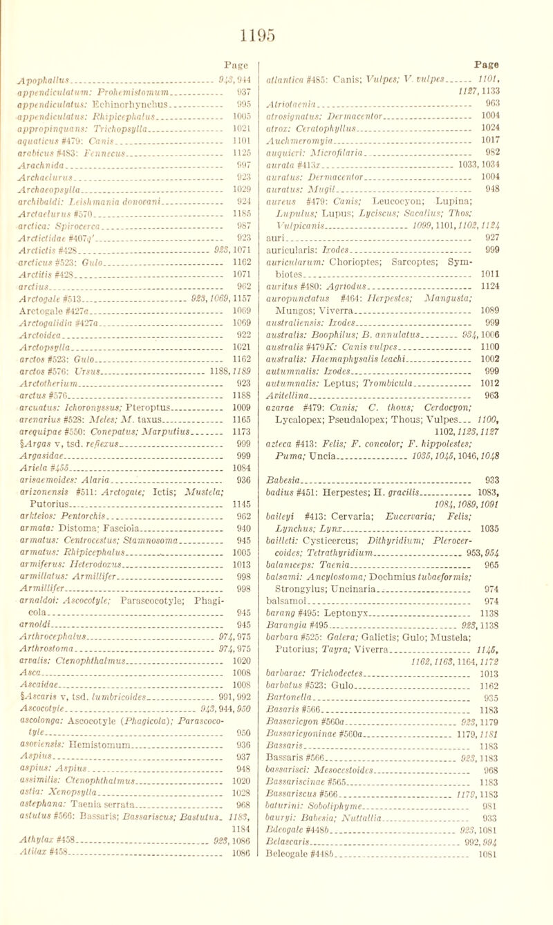 Page Apophallus 94S, 944 appendiculatum: Prohemistomum 937 appendiculatus: Echinorliynchus 995 appendiculatus: Bhipiceplialus 1005 appropinquans: Trichopsylla 1021 aquaticus # 179: Canis 1101 arabicus #4S3: Fen a ecus 1125 Arachnida 997 Archaelurus 923 Archaeopsylla 1029 archibaldi: Lcislimania donovani 92-1 Arclaelurus #570 — 1185 arc/ica: Spirocerca 987 Arclididac #407q' — - 923 Ardidis #42S 925,1071 ardicus #523: Gulo 1102 Arditis #428 1071 arctius 902 Ardogale #513 925,1069,1157 Arctogalo #427a - 1069 Arctogatidia #427a 1069 Ardoidea 922 Ardopsylla 1021 ardos #523: Gulo - 1102 ardos #576: Ursus 1188,1759 Ardotherium 923 ardus #576 1188 arcuatus: Ichoronyssus; Pteroptus 1009 arenarius #528: Meles: M. taxus 1165 arequipae #550: Conepatus; Marputius 1173 §^4r?a« v, tsd. repexus 999 Argasidae 999 Ariela #455.. 1084 arisaemoides: Alaria 936 arizonensis #511: Ardogale; Ictis; Mustela; Putorius 1145 arkteios: Pentorchis 962 armata: Distoma; Fascioia 940 armatus: Centrocestus; Stamnosoma 945 armatus: Rhipicephalus . 1005 armiferus: Heterodoxus 1013 armillalus: Armillifer 998 Armillifer 998 arnaldoi: Ascocotyle; Parascocotyle; Phagi- cola 945 arnoldi 945 Arthrocephalus 974,975 Arthrostoma 974,975 analis: Ctenophthalmus 1020 Asca 1008 Ascaidae 1008 SAscaris v, tsd. lumbricoides 991,992 Ascocotyle 945,944, 950 ascolonga: Ascocotyle (Phagicola); Parascoco- tyle 950 asoviensis: Hemistomum 930 Aspius 937 aspius: Aspius 948 assimilis: Ctenophthalmus 1020 astia: Xenopsylla 1028 astephana: Taenia serrata 968 astutus #566: Bassaris; Bassariscus; Bastulus. 1193, 1184 AthylaxUbi 923,1086 Atilax #458 1086 Page atlantica #485: Canis: Vulpcs; V vulpcs 1101, 1127,1133 Atriotaenia 963 atrosignatus: Dermacentor 1004 atrox: Ceratophyllus 1024 Auchmeromyia 1017 auquicri: Microfilaria 982 aurata #413i 1033,1034 auralus: Dermacentor 1004 auratus: Mugil 948 aureus #479: Canis; Leucocyon; Lupina; Lupulus; Lupus; Lyciscus; Sacalius; Thos; Vulpicanis 1099,1101,1102,1124 auri 927 auricularis: Ixodes 999 auricularum: Chorioptes; Sarcoptcs; Sym- biotes 1011 auritus #480: Agriodus 1124 auropundatus #404: Ilcrpestcs; Mangusla; Mungos; Viverra 1089 australiensis: Ixodes 999 australis: Boophilus; B. annulatus 954,1006 australis #479Jx: Canis vulpcs 1100 australis: Ilaemaphysalis leachi 1002 autumnalis: Ixodes 999 autumnalis: Leptus; Trombicula 1012 Avitellina 963 azarae #479: Canis; C. thous; Cerdocyon; Lycalopex; Pseudalopex; Thous; Vulpes... 1100, 1102,1125,1127 azteca #413: Felis; F. concolor; F. hippolestes; Puma; Uncia 1035, lOlfi, 1046,1048 Babesia 933 badius #451: Herpestes; H. gracilis 1083, 1084,1089,1091 baileyi #413: Cervaria; Eucervaria; Felis; Lynchus; Lynx 1035 bailleti: Cysticercus; Dithyridium; Plerocer- coides; Tdrathyridium 953,954 balamceps: Taenia 965 balsami: Ancylostoma; Docbmius tubaeformis; Strongylus; Uncinaria.^ 974 balsamoi 974 barang #495: Leptonyx 1138 Barangia #495 923,1138 barbara #525: Galera; Galictis; Gulo; Mustela; Putorius; Tayra; Viverra 1145, 1162,1163,1164,1172 barbarae: Trichodedes 1013 barbatus #523: Gulo 1162 Bartonella 935 Basaris #566 1183 Bassaricyon #500a 925,1179 Bassaricyoninae #500a 1179,11S1 Bassaris 1183 Bassaris #566 923,1183 bassarisci: Mesoccstoides 968 Bassariscinae #505 1183 Bassariscus #566 1179,11S3 baturini: Soboliphyme 981 bauryi: Babesia; Nuttallia 933 Bdcogalc #4486 923,1081 Bclascaris 992,994 Beleogale #4486 1081