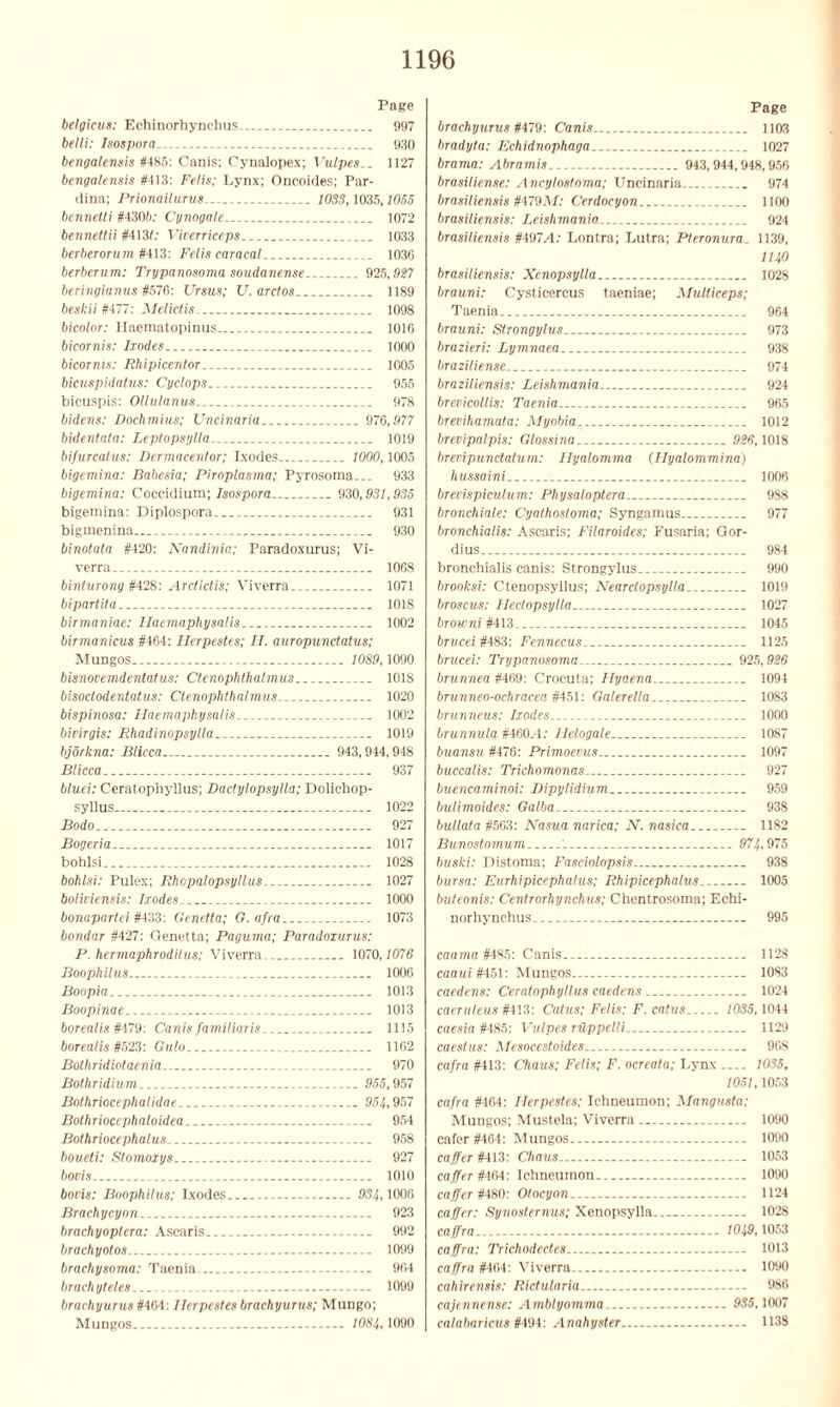 Page belgicus: Echinorhynchus. 997 belli: Isospora. 930 bengalensis #485: Canis; Cynalopex; Vulpes__ 1127 bengalensis #4)3: Felis; Lynx; Oneoides; Par- dina; Prionailurus 1033,1035,1065 bennetti #430b: Cynogale 1072 bennettii #413/: Vicerriceps 1033 berberorum #413: Felis caracal _. 1036 berberum: Trypanosoma soudanense -.. 925,927 beringianus #570: Ursus; U. arctos 1189 beskii #477: Meliclis 1098 bicolor: Haematopinus 1016 bicornis: Ixodes 1000 bicornis: Rhipicentor 1005 bicuspidatns: Cyclops 955 bicuspis: Ollulanus 978 bidens: Dochmius; Uncinariu 976,577 bidentata: Leplopsylla 1019 bifurcatus: Dcrmacentor; Ixodes 1000,1005 bigemina: Babesia; Piroplasma; Pyrosoma... 933 bigemina: Coccidium; Isospora 930,931,935 bigemina: Diplospora 931 bigmenina 930 binotata #420: Nandinia; Paradoxurus; Vi- verra.. 1068 binturong #428: Arctictis; Viverra 1071 bipartita 1018 birmaniae: Haemaphysalis 1002 birmanicus #464: Herpestes; II. auropundatus; Mungos 1089,1090 bisnovemdentatus: Ctenophthalmus 1018 bisoctodentatus: Ctenophthalmus 1020 bispinosa: Haemaphysalis 1002 bivirgis: Rhadinopsylla 1019 bjorkna: Blicca 943,944,948 Blicca 937 bluei: Ceratopliyllus; Daclylopsylla; Dolichop- syllus 1022 Bodo 927 Bogeria 1017 bohlsi 1028 bohlsi: Pulex; Rhopalopsyllus 1027 boliviensis: Ixodes 1000 bonapartei#433: Genetta; G.afra 1073 bondar #427: Genetta; Paguma; Paradoxurus: P. hermaphrodilus; Viverra-.. 1070,1076 Boophilus 1006 Boopia. 1013 Boopinae 1013 borealis#479: Canisfamiliaris 1115 borealis #523: Gulo 1162 Bothr idiot aenia 970 Bothridium 955,957 Bothriocephalidae 954,957 Bothrioccphaloidea 954 Bothriocephalus 958 boueti: Stomoxys 927 bovis 1010 bovis: Boophilus; Ixodes 934,1006 Brachycyon 923 brachyoplera: Asearis 992 brachyotos . 1099 brachysoma: Taenia 964 brachyteles . 1099 brachyurus #464: Herpestes brachyurus; Mungo; Mungos 1084,1090 Page brachyurus #479: Canis 1103 bradyta: Echidnophaga 1027 brama: Abramis 943,944,948,956 brasiliense: Ancylostoma; Uncinaria 974 brasiliensis #479M: Cerdocyon 1100 brasiliensis: Leishmania 924 brasiliensis #497/1: Lontra; Lutra; Pleronura. 1139, 1140 brasiliensis: Xenopsylla 1028 brauni: Cysticercus taeniae; Mulliceps; Taenia 964 brauni: Strongylus 973 brazieri: Lymnaea 938 braziliense 974 braziliensis: Leishmania 924 brevicollis: Taenia 965 brevihamata: Myobia 1012 brevipalpis: Glossina 5,36,1018 brevipunctatum: Hyalomma (Hyalommina) hussaini 1006 brevispiculum: Physaloptera 9S8 bronchiole: Cyathostoma; Syngamus 977 bronchialis: Asearis; Filaroides; Fusaria; Gor- dius 984 bronchialis canis: Strongylus 990 brooksi: Ctenopsyllus; Nearctopsylla 1019 broscus: Hectopsytla 1027 browni #413 1045 brucei #483: Fennecus 1125 brucei: Trypanosoma 925,926 brunnea #469: Crocuta; Hyaena 1094 brunneo-ochracea #451: Galerella 1083 brunneus: Ixodes 1000 brunnula #460-4: Ilelogale 1087 buansu #476: Primoevus 1097 buccalis: Trichomonas 927 buencaminoi: Dipylidium 959 bulimoides: Galba 938 bullata #563: Nasua narica; N. nasica 1182 Bunostomum '. 974,975 buski: Distoma; Fasciolopsis 938 bursa: Eurhipicephalus; Rhipicephalus 1005 buteonis: Centrorhynchus; Chentrosoma; Echi- norhynchus — 995 caama #485: Canis 1128 caaui #451: Mungos 1083 caedens: Ceratophyllus caedens 1024 caernleus #413: Catus; Felis; F. catus 1035,1044 caesia #485: Vulpes ruppelli 1129 caestus: Mesocestoides 90S cafra #413: Chaus; Felis; F. ocreala; Lynx 1035, 1051,1053 cafra #464: Herpestes; Ichneumon; Alangusta; Mungos; Mustela; Viverra 1090 cafer #464: Mungos.. 1090 caffer #413: Chaus 1053 coffer #464: Ichneumon 1090 caffer #480: Otocyon 1124 caffer: Synosternus; Xenopsylla 1028 caffra 1049,1053 caffra: Trichodectes 1013 caffra #464: Viverra. 1090 cahirensis: Rictularia 986 cajennense: Amblyomma 935,1007 calabaricus #494: Anahyster 1138