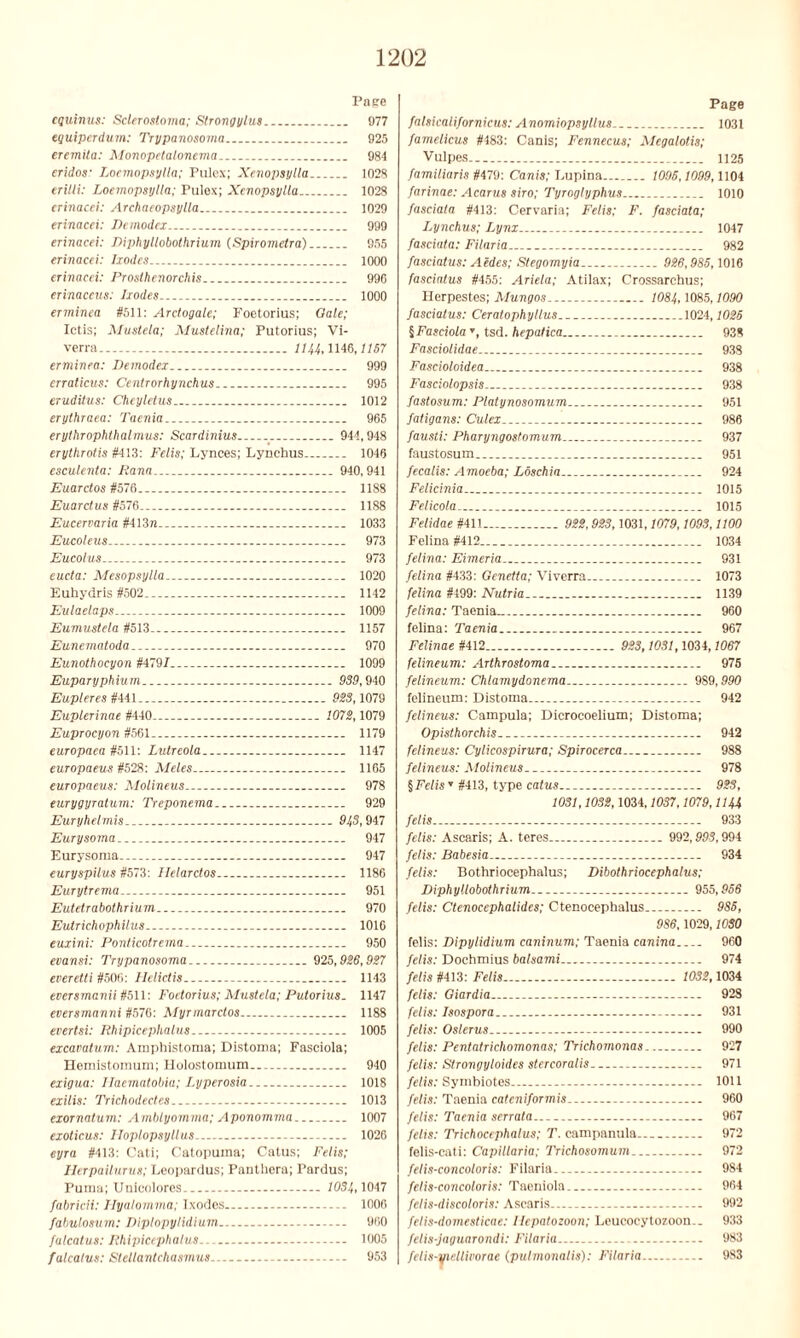 Pape cquinus: Sclerostoma; Strongylus 977 equiperdum: Trypanosoma 925 eremila: Monopetalonema 984 eridos' Loemopsylta; Pulex; Xenopsylla_ 1028 erilli: Loemopsylla; Pulox; Xenopsylla 1028 erinacei: Archaeopsylla.. 1029 erinacei: Demodex 999 erinacei: Diphyllobothrium (Spirometra) 955 erinacei: Ixodes 1000 erinacei: Prosthenorchis 99G erinaceus: Ixodes 1000 erminea #511: Arctogale; Foetorius; Oale; Ictis; Musteta; Mustelina; Putorius; Vi- verra 1/44,1146,1157 erminea: Demodex 999 erralicus: Centrorhynchus 995 eruditus: Chcyletus 1012 erythraea: Taenia 965 erythrophthalmus: Scardinius 944,948 erythrotis #413: Felis; Lynees; Lynchus 1046 esculenta: Dana 940,941 Euarctos #576 1188 Euarctus #576 1188 Eucervaria #413n 1033 Eucoleus. 973 Eucolus 973 eucta: Mesopsylla 1020 Euhydris #502 1142 Eulaetaps 1009 Eumustela #513 1157 Eunematoda 970 Eunothocyon #479/ 1099 Euparyphium 959,940 Eupleres #441 — 925,1079 Euplerinae #440 1072,1079 Euprocyon #561 1179 europaea #511: Lutreola 1147 europaeus #528: Meles 1165 europaeus: Molineus 978 eurygyratum: Treponema 929 Euryhelmis-- 945,947 Eurysoma 947 Eurysoma 947 euryspilus #573: Ilelarctos 1186 Eurytrema. 951 Eutetrabothrium 970 Eulrichophitus- 1016 euxini: Ponticotrema... 950 evansi: Trypanosoma 925,926,927 everetti #506: Helictis 1143 eversmanii #511: Foetorius; Mustela; Putorius. 1147 eversmanni #576: Myrmarctos 1188 evertsi: Rhipicephalus 1005 excavatum: Amphistoma; Distoma; Fasciola; Hemistomum; Ilolostomum 940 exigua: Ilaemalobia; Lyperosia 1018 exilis: Trichodectes - 1013 exornatum: Amblyomma; Aponomma 1007 exoticus: Hoplopsyllus 1026 eyra #413: Cati; Catopuina; Catus; Felis; Ilerpailurus; Leopardus; Pantliera; Pardus; Puma; Unicolores 1054,1047 fabricii: Hyalomma; Ixodes 1006 fabulosum: Diplopylidium 960 falcatus: Rhipicephalus 1005 fatcalus: Stellantchasmus 953 Page falsicalifornicus: Anomiopsyllus 1031 famelicus #483: Canis; Fennecus; Megalotis; Vulpes.. H25 familiaris #479: Canis; Lupina 1095,1099,1104 farinae: Acarus siro; Tyroglyphus __ 1010 fasciata #413: Cervaria; Felis; F. fasciata; Lynchus; Lynx 1047 fasciata: Filaria 982 fasciatus: Aides; Stegomyia 926,985,1016 fasciatus #455: Ariela; Atilax; Crossarchus; llerpestes; Mungos 1081,, 1085,1090 fasciatus: Ceratophyllus 1024,1025 §Fasciola », tsd. hepatica __ 938 Fasciolidae 938 Fascioloidea 938 Fasciolopsis 938 fastosum: Platynosomum 951 fatigans: Culex 986 fausti: Pharyngostomum 937 faustosum 951 fecalis: Amoeba; Loschia 924 Felicinia 1015 Felicola 1015 Felidae #411 922,923,1031,1079,1093,1100 Felina #412 1034 felina: Eimeria 931 felina #433: Genetta; Viverra 1073 felina #499: Nutria 1139 felina: Taenia- 960 felina: Taenia 967 Felinae #412 923,1031,1034,1067 felineum: Arthrostoma 975 felineum: Chlamydonema 989,990 felineum: Distoma - - 942 felineus: Campula; Dicrocoelium; Distoma; Opisthorchis 942 felineus: Cylicospirura; Spirocerca 988 felineus: Molineus 978 §Felis * #413, type catus 923, 1031,1032,1034,1037,1079, UU felis 933 felis: Ascaris; A. teres 992,995,994 felis: Babesia 934 felis: Bothriocephalus; Dibothriocephalus; Diphyllobothrium 955,956 felis: Ctenocephalides; Ctenocephalus 985, 986,1029,1030 felis: Dipylidium caninum; Taenia canina 960 felis: Dochmius balsami 974 felis #413: Felis 1032,1034 felis: Giardia 928 fel is: Isospora 931 felis: Oslerus 990 felis: Pentatrichomonas; Trichomonas 927 felis: Strongyloides stercoralis.. 971 felis: Symbiotes 1011 felis: Taenia cateniformis 960 felis: Taenia serrata 967 felis: Trichocephalus; T. campanula 972 felis-cati: Capillaria; Trichosomum 972 felis-concoloris: Filaria... 984 felis-concoloris: Taeniola 964 felis-discoloris: Ascaris 992 felis-domesticae: llepatozoon; Leucocytozoon.. 933 felis-jaguarondi: Filaria 983 felis-mellivorae (pulmonalis): Filaria 983