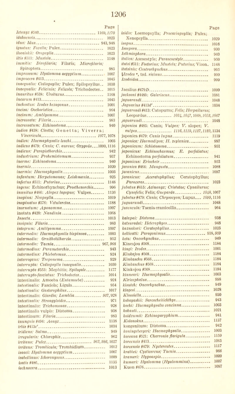Page Iclonyx #540 1169, //?0 idahoensis 1023 idus: Idus... 943,948 ignotus: Foxella; Pulex 1023 ilovaiskii: Oropsytla 1023 iltis #511: Mustela 1148 immitis: Dirofilaria; Filaria; Microfilaria; Spiroptera 985 impressum: Ilyalomma aegyptium 1007 improccra #413.. 1045 inaequalis: Cediopsylla; Pulex; Spilopsyllus.. 1030 inaequalis: Felicinia; Felicola; Trichodectes.. 1015 inauritus #538: Ursitaxus 1168 incarum #413 1045 inchoatus: Ixodes hexagonus. 1001 incisa: Oochoristica 964 incisum: Amblyomma 1007 incrassata: Filaria 983 incrassatum: Echinostoma... 940 indica #438; Civetta; Genetta; Viverra; Viverricula 1077,1078 indica: Haemaphysalis leachi.. 1003 indicus #479: Canis; C. aureus; Oxygons 1099,1116 indicus: Paropisthorchis 942 industrium: Prohemistomum 937 inerme: Echinostoma 940 inermis 1020 inermis: Haemaphysalis 1003 infantum: Herpelomonas; Leishmania 925 infectus #511: Putorius 1148 ingens: Ecliinorhynchus; Prosthenorchis 996 innuitus #486: Alopex lagopus; Vulpes 1136 inopina: Neopsylla 1019 inopinatus #576: Vetularctos 1188 inornatum: Aponomma.. 1007 inotata #420: Nandinia 1068 Insecta 1013 insignis: Filaria 983 integrum: Amblyomma 1007 intermedia: Haemaphysalis bispinosa.. 1003 intermedia: Ornithobilharzia 952 intermedia: Taenia 967,968 intermedins: Parametorchis 943 intermedius: Phlebotomus 924 interrogans: Treponema 929 interrupta: Cediopsylla inaequalis 1030 interrupla #553: Mephitis; Spitogale 1177 interrupto-fascialus: Trichodectes 1014 intestinaiis: Amoeba (Entamoeba) 924 intestinalis: Fasciola; Ligula.. 954 intestinaiis: Gasterophilus 1017 intestinalis: Giardia; Lamblia. 927,928 intestinaiis: Strongyloides.. 971 intestinalis: Trichomonas 928 intestinalis vulpis: Distoma 938 intestinum: Filaria... 983 inunguis #494: Aonyx 1138 irbis #413c' 1034 iridiens: Salmo — 949 irregularis: Chlorophis — 962 irritans: Pulex... 962,986,1027 irritans: Trombicula; Trombidium 1012 isaaci: Ilyalomma aegyptium 1007 isabellinus: Ichoronyssus 1009 isatis #486 1135 ischnocera 1013 Page isidis: Loemopsylla; Procaviopsylla; Pulex; Xenopsylla 1029 isopus 1016 Isospora 930 Isthmiophora 940 italica: Ascocotyle; Parascocolyle 950 itatsi #511: Foetorius; Mustela; Putorius; Vison. 1148 itatsinis: Centrorhynchus 995 \Ixodes T, tsd. ricinus 999 Ixodoidea... 999 Jacalius #479D 1099 jaclcsoni #448b: Galeriscus 1081 jaguarandi 1048 Jaguarius #413d' 1034 jaguarondiHlT. Catopuma; Felis; Ilerpailurus; Leopardus 1034,1047,1048,1052,10S7 jaguarundi 1048 japonica #485: Canis; Vulpes; V. alopex; V. vulpes 1116,1119,1127,1129,1134 japonica #479: Canis lupus 1119 japonica: Ilaemadipsa; II. zeylanica 997 japonicum: Schistosoma 951 japonicus: Echinochasmus; E. perfoliatus; Echinostoma perfoliatum 941 japonicus: Eriocheir 953 javanica #464: Mangusta 1088 javanicus 1097 javanicus: Aceratophyllus; Ceratophyllus; Paraceras 1023 jubatus #415: Acinonyx; Cristatae; Cynailurus; Cynofelis; Felis; Gueparda 1048,1067 jubatus #479: Canis; Chrysocyon; Lupus 1099,1116 juguarundi 1048 juvencula: Taenia crassicollis 964 kalapai: Distoma 938 katsuradai: Heterophyes 948 kaznakovi: Ceratophyllus 1025 kellicotti: Paragonimus 938,939 keta: Oncorhynchus 949 Kincajou #568 1184 kingi: Ixodes.- — 1001 Kinkajou #568 1184 Kinkaschu #568 1184 Kinkaschus #568 1184 Kinkojou #568 1184 kinneari: Haemaphysalis 1003 Kiricephalus 998 kisutch: Oncorhynchus 949 klagesi 1028 Klossiella — 930 kobayashii: Sarcocheilichthys 943 kochi: Haemaphysalis concinna 1003 kohauti 1021 koidzumii: Echinoparyphium 941 Kolonokus U37 kongenitum: Distoma — 942 koningsbergeri: Haemaphysalis 1003 koreana #521: Charronia flavigula 1159 koreensis #413 —- 1065 koreensis #479: Nyctereutes 1U7 krabbei: Cysticercus; Taenia... 966 krameri: Ilypoaspis... 1009 kumari: Ilyalomma (Hyalommina) 1007 Kuon #476 1097