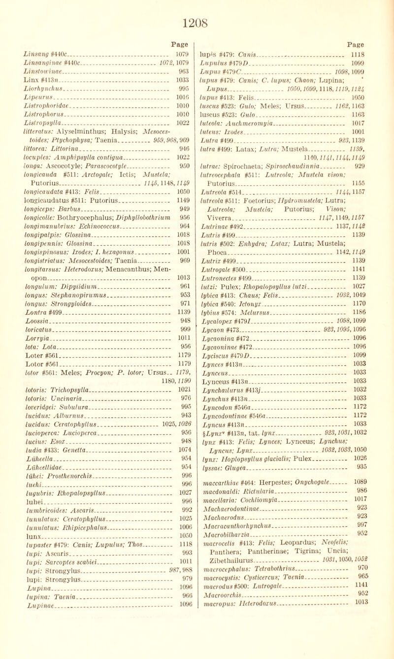 Page Linsang #440c 1079 Linsanginae #440c - 1072,1079 Linstowinae 903 Linx #413w. . . 1033 Liorhynclius 995 Lipeurus 1010 Listrophoridae . 1010 Listrophorus _. 1010 Listropsylla 1022 lilteratus: Alyselminthus; Halysis; Mesoces- toides; Ptychophysa; Taenia 959,968,909 littorea: Littorina 940 locuples: Amphipsylla contigua 1022 longa: Ascocotyle; Parascocotyle . - 950 longicauda #511: Arctogale; Ictis; Mustela; Putorius 1146,1148,1149 longicaudata #413: Felis 1050 longicaudatus #511: Putorius 1149 longiccps: Barbus.. 949 longicolle: Bothryocephalus; Diphyllobothrium 950 longimanubrius: Echinococcus 904 longipalpis: Glossina 1018 longipennis: Glossina 1018 longispinosus: Ixodes; I. hexagonus. 1001 longistriatus: Mesocestoides; Taenia 909 longitarsus: Ileterodoxus; Menacanthus; Men- opon - 1013 longulum: Dipytidium 901 longus: Stephanopirumus 953 longus: Strongyloides 971 Lontra #499 - 1139 Loossia.. 948 loricatus. 999 Lorryia 1011 lota: Lota. 950 Loter #501 1179 Lotor #561 1179 lotor #561: Meles; Procyon; P. lotor; Ursus_. 1179, 1180,1190 lotoris: Trichopsylla.— 1021 lotoris: Uncinaria 976 loveridgei: Subuiura - 995 lucidus: Atburnus .. 943 lucidus: Ceratophyllus 1025,1026 lucioperca: Lucioperca 950 lucius: Esox 948 ludia #433: Genelta . 1074 Luheella . 954 Luheellidae - 954 lilhei: Prosthenorchis 996 tuehi - 990 lugubris: Rhopalopsyllus... 1027 luhei 996 lumbricoides: Ascaris .. 992 lunulatus: Ceratophyllus - 1025 lunulatus: Rhipicephalus.. 1000 lunx - - 1050 lupaster #479: Canis; Lupulus; Thos 1118 lupi: Ascaris 993 lupi: Sarcoptes scabiei - 1011 lupi: Strongylus - --- 987,988 lupi: Strongylus - 979 Lupina . - 1090 lupina: I'aenia — 960 Lupinae 1090 Page lupis #479: Canis - 1118 Lupulus M9D 1099 Lupus #479C 1098,1099 lupus #479: Canis; C. lupus; Chaon; Lupina; Lupus 1050,1099,1118,1119,1124 lupus #413: Felis 1050 luscus #523: Gulo; Meles; Ursus 1162,1163 luscus #523: Gulo 1163 luteola: Auchmeromyiu 1017 tuteus: Ixodes 1001 Lutra #499- 923,1139 lutra #499: Latax; Lutra; Mustela. 1139, 1140,1141,1144,1149 lutrae: Spirochaeta; Spiroschaudinnia 929 lutreocephala #511: Lutreola; Mustela vison: Putorius. 1155 Lutreola #514 1144,1157 lutreola #511: Foetorius; Ilydromustela; Lutra; Lutreola; Mustela; Putorius; Vison; Viverra.. 1147,1149,1157 Lutrinae #492... 1137,1/42 Lutris #499. 1139 lutris #502: Enhydra; Latax; Lutra; Mustela; Phoea 1142,1149 Lutrix #499 1139 Lutrogale #500 1141 Lutronectes #499. 1139 lutzi: Pulex; Rhopalopsyllus lutzi 1027 lybica #413: Chaus; Felis 1032,1049 lybica #540: Ictonyx 1170 lybius #574: Melursus 1186 Lycalopex #479/. - 1098,1099 Lycaon #473 - 923,1095,1096 Lycaonina #472 1096 Lycaoninae #472 1096 Lyciscus #479D — — 1099 Lynces #413/? 1033 Lynceus - 1033 Lynceus #413n 1033 Lynchailurus #413j 1032 Lynchus #4137! 1033 Lyncodon #546a 1172 Lyncodontinae #546a.. 1172 Lyncus #413n 1033 \Lynx'’ #4137!, tat. lynx 923,1031,1032 lynx #413: Felis; Lynces; Lynceus; Lynchus; Lyncus; Lynx 1032,1033,1050 lynx: Iloplopsyllus glacialis; Pulex 1026 lyssae: Glugea... - 935 rnaccarthiae #404: Herpestes; Onychogale 1089 macdonaldi: Rictularia 986 macellaria: Cochliomyia 1017 Machaerodontinae 923 Machaerodus - 023 Macracanthorhynchus - 997 Macrobilharzia 952 macrocelis #413: Felis; Leopardus; Neofelis; Panthera; Pantherinae; Tigrina; Uncia; Zibethailurus 1031,1050,1052 macrocephalus: Tetrabothrius 970 macrocystis: Cysticercus; Taenia viacrodus #500: Lutrogale Macroorchis macropus: Ileterodoxus...