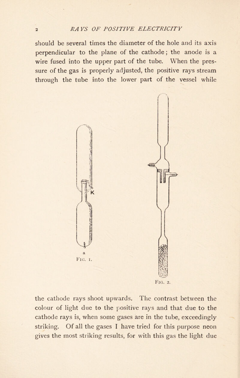 should be several times the diameter of the hole and its axis perpendicular to the plane of the cathode; the anode is a wire fused into the upper part of the tube. When the pres- sure of the gas is properly adjusted, the positive rays stream through the tube into the lower part of the vessel while the cathode rays shoot upwards. The contrast between the colour of light due to the positive rays and that due to the cathode rays is, when some gases are in the tube, exceedingly striking. Of all the gases I have tried for this purpose neon gives the most striking results, for with this gas the light due