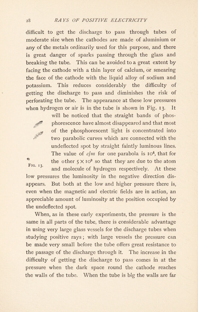 difficult to get the discharge to pass through tubes of moderate size when the cathodes are made of aluminium or any of the metals ordinarily used for this purpose, and there is great danger of sparks passing through the glass and breaking the tube. This can be avoided to a great extent by facing the cathode with a thin layer of calcium, or smearing the face of the cathode with the liquid alloy of sodium and potassium. This reduces considerably the difficulty of getting the discharge to pass and diminishes the risk of perforating the tube. The appearance at these low pressures when hydrogen or air is in the tube is shown in Fig. 13. It will be noticed that the straight bands of phos- phorescence have almost disappeared and that most of the phosphorescent light is concentrated into M' two parabolic curves which are connected with the undeflected spot by straight faintly luminous lines. The value of ejm for one parabola is io4, that for the other 5 X io3 so that they are due to the atom and molecule of hydrogen respectively. At these low pressures the luminosity in the negative direction dis- appears. But both at the low and higher pressure there is, even when the magnetic and electric fields are in action, an appreciable amount of luminosity at the position occupied by the undeflected spot. When, as in these early experiments, the pressure is the same in all parts of the tube, there is considerable advantage in using very large glass vessels for the discharge tubes when studying positive rays ; with large vessels the pressure can be made very small before the tube offers great resistance to the passage of the discharge through it. The increase in the difficulty of getting the discharge to pass comes in at the pressure when the dark space round the cathode reaches the walls of the tube. When the tube is big the walls are far