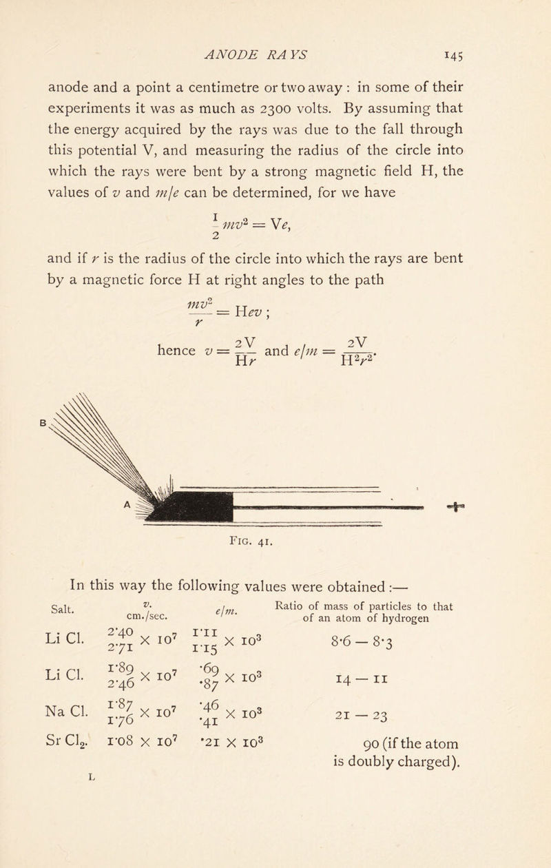 anode and a point a centimetre or two away : in some of their experiments it was as much as 2300 volts. By assuming that the energy acquired by the rays was due to the fall through this potential V, and measuring the radius of the circle into which the rays were bent by a strong magnetic field H, the values of v and mje can be determined, for we have 1 mv2 — Ye, 2 and if r is the radius of the circle into which the rays are bent by a magnetic force H at right angles to the path hence and ejm — 2V HV2* B Fig. 41. In this way the following values were obtained :— Salt. V. cm./sec. ejm. Li Cl. 2'40 271 X io7 rn X 10' Li Cl. i‘89 2-46 X IO7 •69 •87 X I0: Na Cl. 1-87 176 X IO7 •46 •41 X I0: Sr Cl2. M d 00 X IO7 •21 X 10 Ratio of mass of particles to that of an atom of hydrogen 8*6 — 8*3 14 — II 21 — 23 90 (if the atom is doubly charged). L