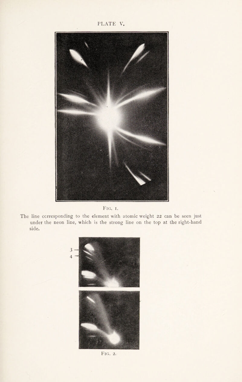 Fig. i. The line corresponding to the element with atomic weight 22 can be seen just under the neon line, which is the strong line on the top at the right-hand side.