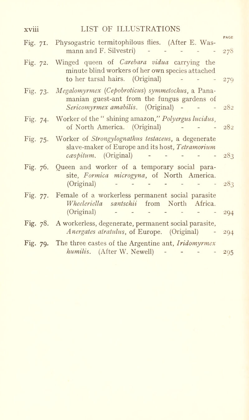 PAGE Fig. 71. Physogastric termitophilous flies. (After E. Was- mann and F. Silvestri) - - - - - 278 Fig. 72. Winged queen of Ccirehara vidua carrying the minute blind workers of her own species attached to her tarsal hairs. (Original) - - - 279 Fig. 73. Megalomynnex {Cepobroticus) synimetochus, a Pana¬ manian guest-ant from the fungus gardens of Sericomyrmex amabilis. (Original) - - - 282 Fig. 74. Worker of the “ shining amazon,” Polyergus lucidus, of North America. (Original) _ _ . 282 Fig. 75. Worker of Strongylognathus testaceiis, a degenerate slave-maker of Europe and its host, Tetramorinm ccespitum. (Original) ----- 283 Fig. 76. Queen and worker of a temporary social para¬ site, Formica microgyna, of North America. (Original) ------- 283 Fig. 77. Female of a workerless permanent social parasite Wheeleriella santschii from North Africa. (Original) ------- 294 Fig. 78. A workerless, degenerate, permanent social parasite, Anergates atratulus, of Europe. (Original) - 294 Fig, 79. The three castes of the Argentine ant, Iridomyrmex humilis. (After W. Newell) - - - - 295