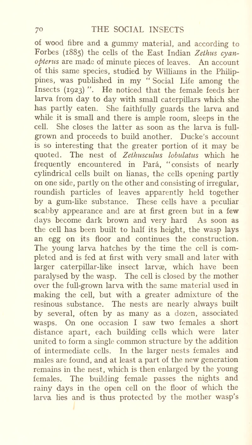 of wood fibre and a gummy materia], and according to Forbes (1885) the cells of the East Indian Zethus cyan- opterus are made of minute pieces of leaves. An account of this same species, studied by Williams in the Philip¬ pines, was published in my “ Social Life among the Insects (1923) He noticed that the female feeds her larva from day to day with small caterpillars which she has partly eaten. She faithfully guards the larva and while it is small and there is ample room, sleeps in the cell. She closes the latter as soon as the larva is full- grown and proceeds to build another. Ducke's account is so interesting that the greater portion of it may be quoted. The nest of Zetlmscidus lobulatus which he frequently encountered in Parâ, ‘‘consists of nearly cyhndrical cells built on hanas, the cells opening partly on one side, partly on the other and consisting of irregular, roundish particles of leaves apparently held together by a gum-hke substance. These ceUs have a pecuhar scabby appearance and are at first green but in a few days become dark brown and very hard As soon as the cell has been built to half its height, the wasp lays an egg on its floor and continues the construction. The young larva hatches by the time the cell is com¬ pleted and is fed at first with very small and later with larger caterpiUar-hke insect larvæ, which have been paralysed by the wasp. The ceU is closed by the mother over the full-grown larva with the same material used in making the cell, but with a greater admixture of the resinous substance. The nests are nearly always built by several, often by as many as a dozen, associated wasps. On one occasion I saw two females a short distance apart, each building cells which were later united to form a single common structure by the addition of intermediate cells. In the larger nests females and males are found, and at least a part of the new generation remains in the nest, which is then enlarged by the young females. The building female passes the nights and rainy days in the open ceU on the floor of which the larva lies and is thus protected by the mother wasp’s
