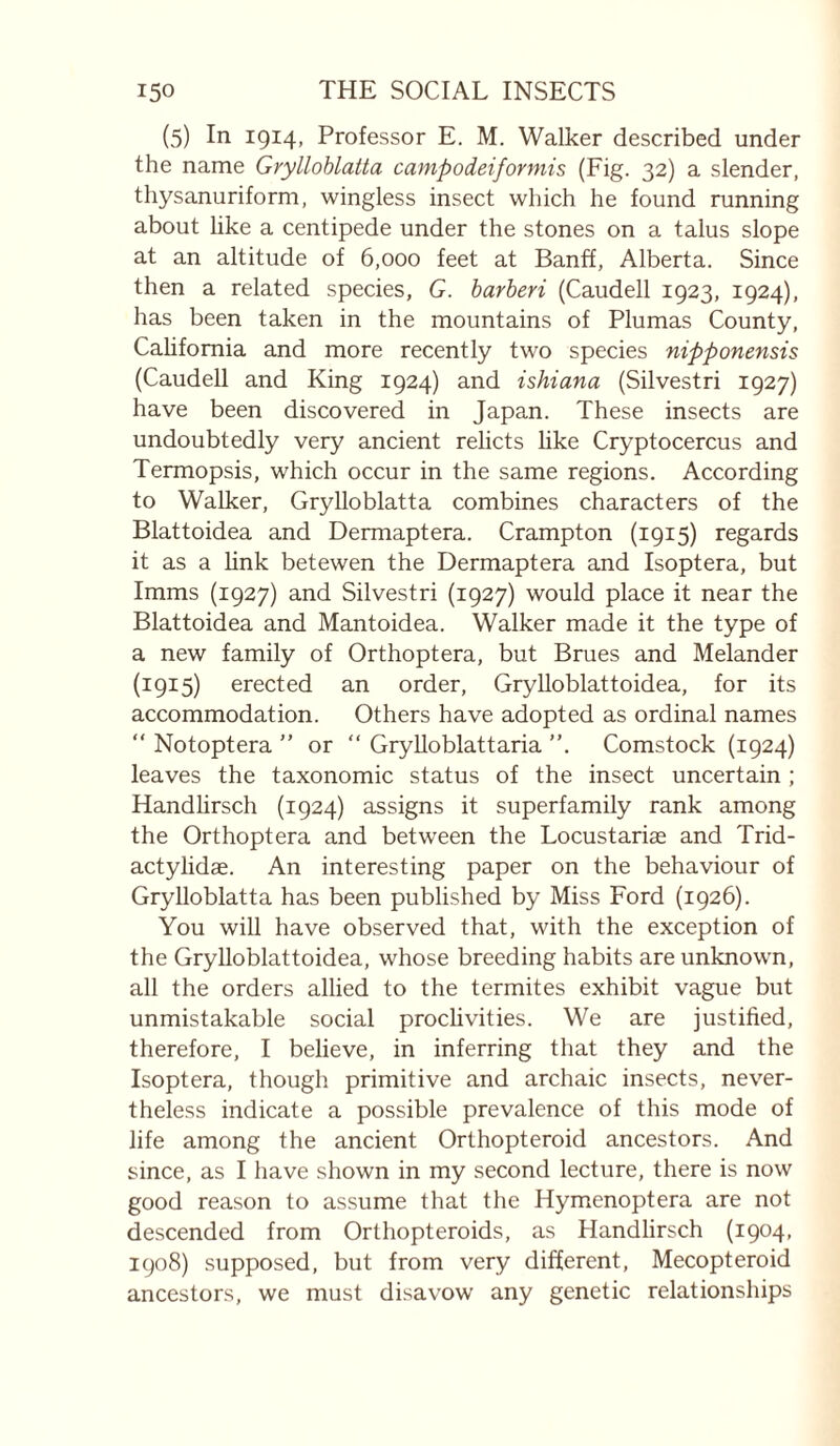 (5) In 1914, Professor E. M. Walker described under the name Grylloblatta campodeiforniis (Fig. 32) a slender, thysanuriform, wingless insect which he found running about like a centipede under the stones on a talus slope at an altitude of 6,000 feet at Banff, Alberta. Since then a related species, G. barheri (Caudell 1923, 1924), has been taken in the mountains of Plumas County, Cahfomia and more recently two species nipponensis (Caudell and King 1924) and ishiana (Silvestri 1927) have been discovered in Japan. These insects are undoubtedly very ancient relicts hke Cryptocercus and Termopsis, which occur in the same regions. According to Walker, Grylloblatta combines characters of the Blattoidea and Dermaptera. Crampton (1915) regards it as a link betewen the Dermaptera and Isoptera, but Imms (1927) and Silvestri (1927) would place it near the Blattoidea and Mantoidea. Walker made it the type of a new family of Orthoptera, but Brues and Melander (1915) erected an order, GryUoblattoidea, for its accommodation. Others have adopted as ordinal names  Notoptera ” or “ Grylloblattaria ”. Comstock (1924) leaves the taxonomic status of the insect uncertain ; Handhrsch (1924) assigns it superfamily rank among the Orthoptera and between the Locustariæ and Trid- actylidae. An interesting paper on the behaviour of Grylloblatta has been published by Miss Ford (1926). You will have observed that, with the exception of the GryUoblattoidea, whose breeding habits are unknown, all the orders allied to the termites exhibit vague but unmistakable social proclivities. We are justified, therefore, I believe, in inferring that they and the Isoptera, though primitive and archaic insects, never¬ theless indicate a possible prevalence of this mode of life among the ancient Orthopteroid ancestors. And since, as I have shown in my second lecture, there is now good reason to assume that the Hymenoptera are not descended from Orthopteroids, as Handhrsch (1904, 1908) supposed, but from very different, Mecopteroid ancestors, we must disavow any genetic relationships
