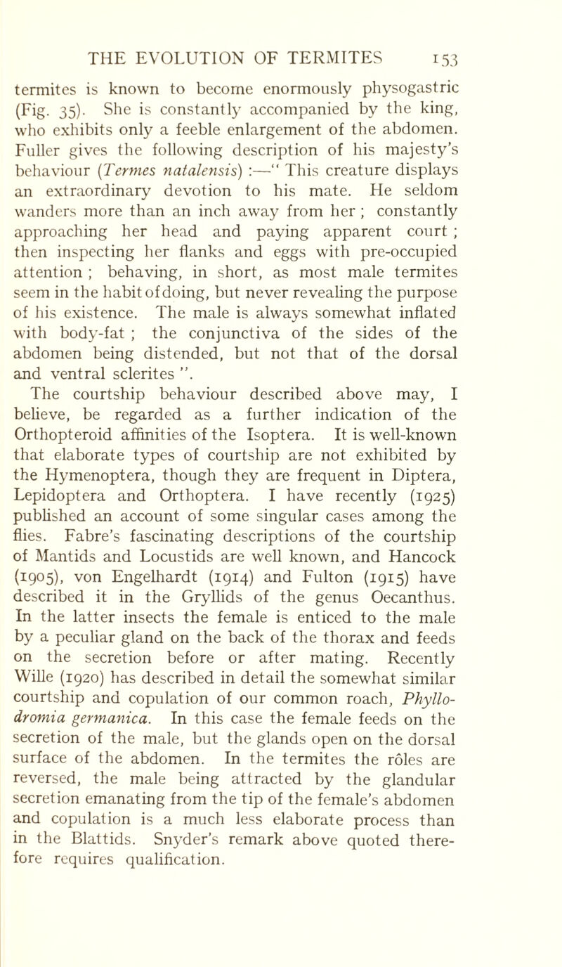 termites is known to become enormously physogastric (Fig. 35). She is constantly accompanied by the king, who exhibits only a feeble enlargement of the abdomen. Fuller gives the following description of his majesty’s behaviour {Termes natalerisis) ;—“ This creature displays an extraordinary' devotion to his mate. He seldom wanders more than an inch away from her ; constantly approaching her head and paying apparent court ; then inspecting her flanks and eggs with pre-occupied attention ; behaving, in short, as most male termites seem in the habit of doing, but never reveaUng the purpose of his existence. The male is always somewhat inflated with body-fat ; the conjunctiva of the sides of the abdomen being distended, but not that of the dorsal and ventral sclerites ”. The courtship behaviour described above may, I beUeve, be regarded as a further indication of the Orthopteroid afiinities of the Isoptera. It is well-known that elaborate types of courtship are not exhibited by the Hymenoptera, though they are frequent in Diptera, Lepidoptera and Orthoptera. I have recently (1925) published an account of some singular cases among the flies. Fabre’s fascinating descriptions of the courtship of Mantids and Locustids are well known, and Hancock {1905), von Engelhardt (1914) and Fulton (1915) have described it in the Giy'Uids of the genus Oecanthus. In the latter insects the female is enticed to the male by a peculiar gland on the back of the thorax and feeds on the secretion before or after mating. Recently Wille (1920) has described in detail the somewhat similar courtship and copulation of our common roach, Phyllo- dromia germanica. In this case the female feeds on the secretion of the male, but the glands open on the dorsal surface of the abdomen. In the termites the rôles are reversed, the male being attracted by the glandular secretion emanating from the tip of the female’s abdomen and copulation is a much less elaborate process than in the Blattids. Snyder’s remark above quoted there¬ fore requires qualification.