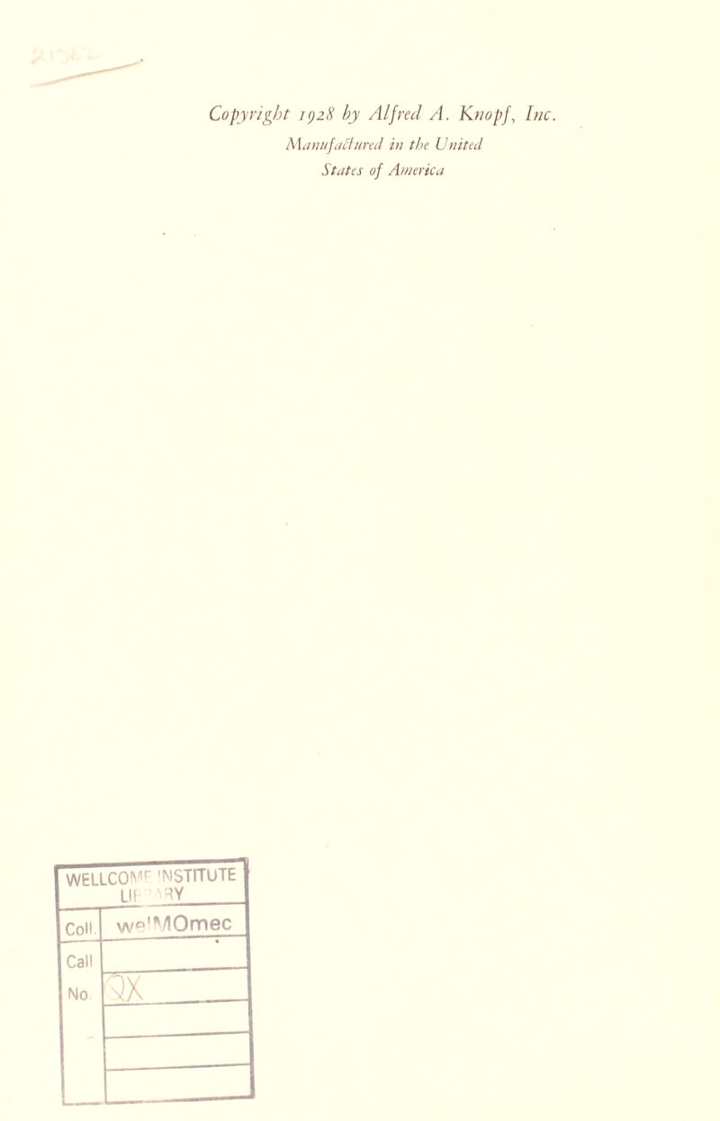 Copyright 1)28 hy Alfred A. Knopf, Inc. Manufactured in the United States of America WELLCO^r 'MSTITUTE LIE ?ARY Coll. weiMOmec Call No m