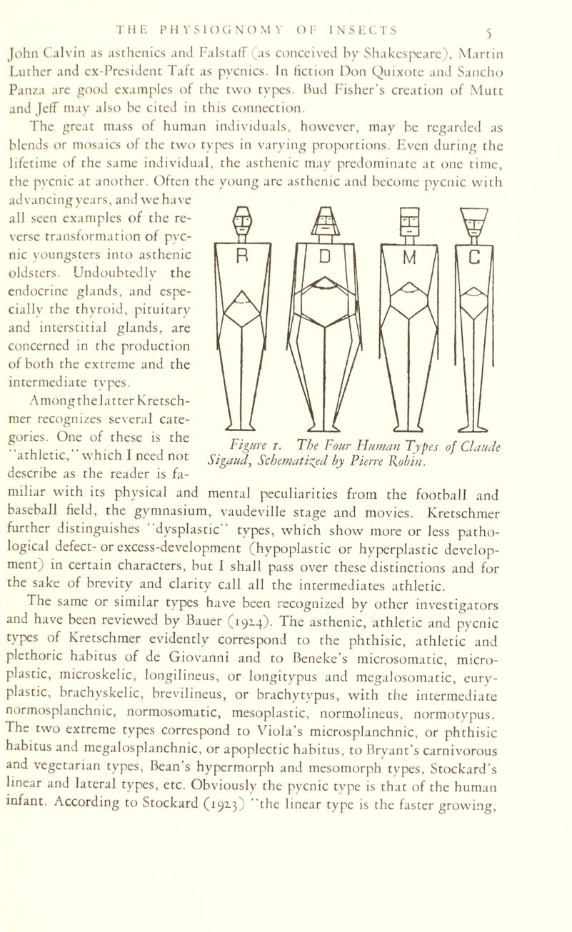 John Calvin as asthenics and FalstafF (as conceived by Shakespeare), Martin Luther and ex-President Taft as pycnics. In fiction Don Quixote and Sancho Panza are good examples of the two types. Bud Fisher's creation of Mutt and Jeff may also be cited in this connection. The great mass of human individuals, however, may be regarded as blends or mosaics of the two types in varying proportions. Even during the lifetime of the same individual, the asthenic may predominate at one time, the pycnic at another. Often the young are asthenic and become pycnic with advancingyears, and we have all seen examples of the re¬ verse transformation of pyc¬ nic youngsters into asthenic oldsters. Undoubtedly the endocrine glands, and espe¬ cially the thyroid, pituitary and interstitial glands, are concerned in the production of both the extreme and the intermediate tvpes. Amongthelatter Kretsch¬ mer recognizes several cate¬ gories. One of these is the ' 'athletic, ’ ’ which I need not describe as the reader is fa¬ Figure i. The Four Human Types of Claude Sigaud, Schematized by Pierre Tobin. miliar with its physical and mental peculiarities from the football and baseball field, the gymnasium, vaudeville stage and movies. Kretschmer further distinguishes “dysplastic” types, which show more or less patho¬ logical defect- or excess-development (hypoplastic or hyperplastic develop¬ ment) in certain characters, but I shall pass over these distinctions and for the sake of brevity and clarity call all the intermediates athletic. The same or similar types have been recognized by other investigators and have been reviewed by Bauer (1914). The asthenic, athletic and pycnic types of Kretschmer evidently correspond to the phthisic, athletic and plethoric habitus of de Giovanni and to Beneke’s microsomatic, micro¬ plastic, microskelic, longilineus, or longitypus and megalosomatic, eury- plastic, brachyskelic, brevilineus, or brachytvpus, with the intermediate normosplanchnic, normosomatic, mesoplastic, normolineus, normotypus. The two extreme types correspond to Viola’s microsplanchnic, or phthisic habitus and megalosplanchnic, or apoplectic habitus, to Bryant’s carnivorous and vegetarian types, Bean’s hypermorph and mesomorph types, Stockard’s linear and lateral types, etc. Obviously the pycnic type is that of the human infant. According to Stockard (19x3) the linear type is the faster growing,
