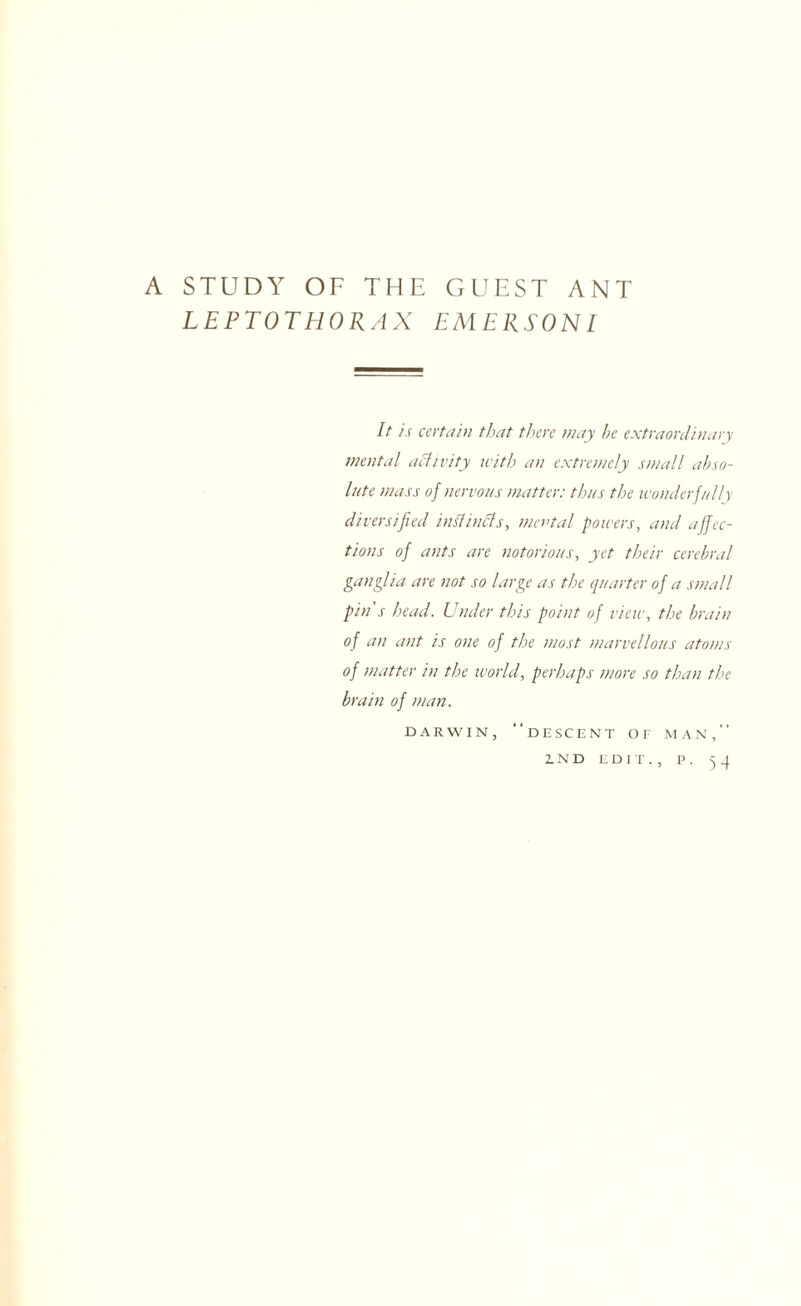LEPTOTHORAX EMERSONI It is certain that there may he extraordinary mental activity with an extremely small abso¬ lute mass of nervous matter: thus the wonder fulls diversified instincts, mental powers, and affec¬ tions of ants are notorious, yet their cerebral ganglia are not so large as the quarter of a small pin's head. Under this point of view, the brain of an ant is one of the most marvellous atoms of matter in the world, perhaps more so than the brain of man. DARWIN, “descent Or MAN,”