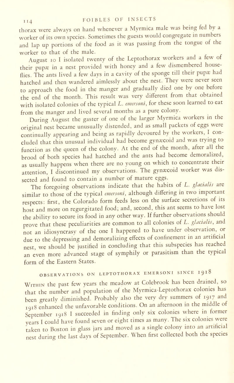 thorax were always on hand whenever a Myrmica male was being fed by a worker of its own species. Sometimes the guests would congregate in numbers and lap up portions of the food as it was passing from the tongue of the worker to that of the male. August io I isolated twenty of the Leptothorax workers and a few of their pupte in a nest provided with honey and a few dismembered house¬ flies. The ants lived a few days in a cavity of the sponge till their pupae had hatched and then wandered aimlessly about the nest. They were never seen to approach the food in the manger and gradually died one by one before the end of the month. This result was very different from that obtained with isolated colonies of the typical L. emersoni, for these soon learned to eat from the manger and lived several months as a pure colony. During August the gaster of one of the larger Myrmica workers in the original nest became unusually distended, and as small packets of eggs were continually appearing and being as rapidly devoured by the workers, I con¬ cluded that this unusual individual had become gymecoid and was trying to function as the queen of the colony. At the end of the month, after all the brood of both species had hatched and the ants nad become demoralized, as usually happens when there are no young on which to concentrate their attention, I discontinued my observations. The gynaecoid worker was dis¬ sected and found to contain a number of matuie eggs. The foregoing observations indicate that the habits of L. glacialis are similar to those of the typical emersoni, although differing in two important respects: first, the Colorado form feeds less on the surface secretions of its host and more on regurgitated food; and, second, this ant seems to ha\e lost the ability to secure its food in any other way. If further observations should prove that these peculiarities are common to all colonies of L. glactalis, and not an idiosyncrasy of the one I happened to have under observation, or due to the depressing and demoralizing effects of confinement in an artificial nest, we should be justified in concluding that this subspecies has reached an even more advanced stage of symphily or parasitism than the typical form of the Eastern States. OBSERVATIONS ON LEPTOTHORAX EMERSONI SINCE I91S Within the past few years the meadow at Colebrook has been drained, so that the number and population of the Myrmica-Leptothorax colonies has been greatly diminished. Probably also the very dry summers of 1917 and 1918 enhanced the unfavorable conditions. On an afternoon in the middle of September 1918 I succeeded in finding only six colonies where in former years I could have found seven or eight times as many. The six colonies were taken to Boston in glass jars and moved as a single colony into an artificial nest during the last days of September. When first collected both the species