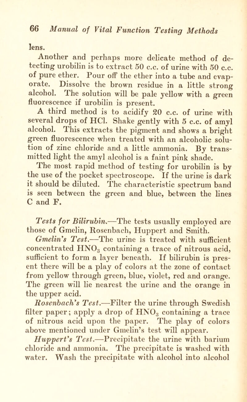 lens. Another and perhaps more delicate method of de¬ tecting urobilin is to extract 50 c.c. of urine with 50 c.c. of pure ether. Pour off the ether into a tube and evap¬ orate. Dissolve the brown residue in a little strong alcohol. The solution will be pale yellow with a green fluo rescence if urobilin is present. A third method is to acidify 20 c.c. of urine with several drops of HCl. Shake gently with 5 c.c. of amyl alcohol. This extracts the pigment and shows a bright green fluorescence when treated with an alcoholic solu¬ tion of zinc chloride and a little ammonia. By trans¬ mitted light the amyl alcohol is a faint pink shade. The most rapid method of testing for urobilin is by the use of the pocket spectroscope. If the urine is dark it should be diluted. The characteristic spectrum band is seen between the green and blue, between the lines C and F. Tests for Bilirubin.—The tests usually employed are those of Gmelin, Rosenbach, Huppert and Smith. Gmelin's Test.—The urine is treated with sufficient concentrated PINOg containing a trace of nitrous acid, sufficient to form a layer beneath. If bilirubin is pres¬ ent there will be a play of colors at the zone of contact from yellow through green, blue, violet, red and orange. The green will lie nearest the urine and the orange in the upper acid. Rosenbach's Test.—Filter the urine through Swedish filter paper; apply a drop of HNOg containing a trace of nitrous acid upon the paper. The play of colors above mentioned under Gmelin’s test will appear. Huppert's Test.—Precipitate the urine with barium chloride and ammonia. The precipitate is washed with water. Wash the precipitate with alcohol into alcohol