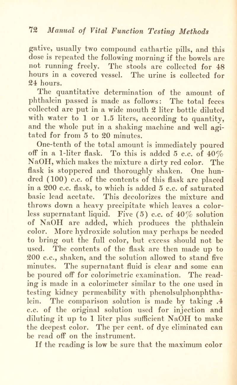 |]^ativc, usually two compound cathartic pills, and this dose is repeated the following morning if the bowels are not running freely. The stools are collected for 48 hours in a covered vessel. The urine is collected for 24 hours. The quantitative determination of the amount of phthalein passed is made as follows: The total feces collected are put in a wide mouth 2 liter bottle diluted with water to 1 or 1.5 liters, according to quantity, and the whole put in a shaking machine and well agi¬ tated for from 5 to 20 minutes. One-tenth of the total amount is immediately poured off in a 1-liter flask. To this is added 5 c.c. of 40% NaOH, which makes the mixture a dirty red color. The flask is stoppered and thoroughl}’ shaken. One hun¬ dred (100) c.c. of the contents of this flask are placed in a 200 c.c. flask, to which is added 5 c.c. of saturated basic lead acetate. This decolorizes the mixture and th rows down a heavy precipitate which leaA'cs a color¬ less supernatant liquid. Five (5) c.c. of 40% solution of NaOH are added, which produces the phthalein color. More hydroxide solution may perhaps be needed to bring out the full color, but excess should not be used. The contents of the flask are then made up to 200 C.C., shaken, and the solution allowed to stand five minutes. The supernatant fluid is clear and some can be poured off for colorimetric examination. The read¬ ing is made in a colorimeter similar to the one used in testing kidney permeability with phcnolsulphonphtha- Icin. The comparison solution is made by taking .4 c.c. of the original solution used for injection and diluting it up to 1 liter plus sufficient NaOH to make the deepest color. The per cent, of dye eliminated can be read off on the instrument. If the reading is low be sure that the maximum color