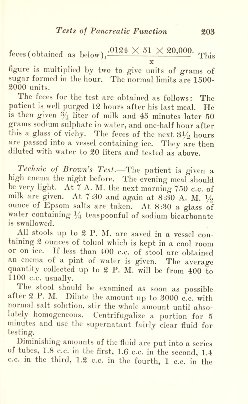 feces (obtained as below),Tl,is figure is multijilicd by two to give units of grams of sugar formed in the liour. The normal limits are 1500- 2000 units. The feces for the test are obtained as follows: The patient is well purged 12 hours after his last meal. He is then given ^ liter of milk and 4-5 minutes later 50 grams sodium sulphate in water, and one-half hour after this a glass of vichy. The feces of the next SYo hours are passed into a vessel contcaining ice. They are then diluted with water to 20 liters and tested as above. Technic of Broxon's Test,—The patient is given a high enema the niglit before. The evening meal should be very light. At 7 A. IM. the next morning 750 c.c. of milk are given. At 7 :30 and again at 8 :30 A. M. Yl ounce of Epsom salts are taken. At 8:30 a glass of water containing teaspoonful of sodium bicarbonate is swallowed. All stools up to 2 P. jM. are saved in a vessel con¬ taining 2 ounces of toluol which is kept in a cool room or on ice. If less than 400 c.c. of stool are obtained an enema of a pint of water is given. The average quantity collected up to 2 P. M. will be from 400 to 1100 c.c. usually. T he stool should be examined as soon as possible after 2 P. AI. Dilute the amount up to 3000 c.c. with normal salt solution, stir the Avhole amount until abso¬ lutely homogeneous. Centrifugalize a portion for 5 minutes and use the supernatant fairly clear fluid for testing. Diminishing amounts of the fluid are put into a series of tubes, 1.8 c.c. in the first, 1.6 c.c. in the second, 1.4 c.c. in the third, 1.2 c.c. in the fourth, 1 c.c. in the