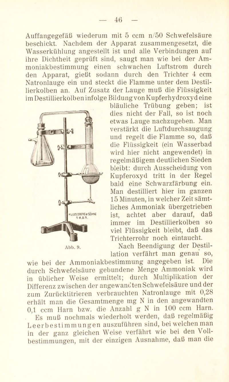 Auffangegefäß wiederum mit 5 ccm n/50 Schwefelsäure beschickt. Nachdem der Apparat zusammengesetzt, die Wasserkühlung angestellt ist und alle Verbindungen auf ihre Dichtheit geprüft sind, saugt man wie bei der Am¬ moniakbestimmung einen schwachen Luftstrom durch den Apparat, gießt sodann durch den Trichter 4 ccm Natronlauge ein und steckt die P^lamme unter dem Destil¬ lierkolben an. Auf Zusatz der Lauge muß die Flüssigkeit im Destillierkolben infolge Bildung von Kupferhydroxyd eine bläuliche Trübung geben; ist dies nicht der Fall, so ist noch etwas Lauge nachzugeben. Man verstärkt die Luftdurchsaugung und regelt die Flamme so, daß die Flüssigkeit (ein Wasserbad wird hier nicht angewendet) in regelmäßigem deutlichen Sieden bleibt: durch Ausscheidung von Kupferoxyd tritt in der Regel bald eine Schwarzfärbung ein. Man destilliert hier im ganzen 15 Minuten, in welcher Zeit sämt¬ liches Ammoniak übergetrieben ist, achtet aber darauf, daß immer im Destillierkolben so viel Flüssigkeit bleibt, daß das Trichterrohr noch eintaucht. Nach Beendigung der Destil¬ lation verfährt man genau so, wie bei der Ammoniakbestimmung angegeben ist. Die durch Schwefelsäure gebundene Menge Ammoniak wird in üblicher Weise ermittelt; durch Multiplikation der Differenz zwischen der angewandten Schwefelsäure und der zum Zurücktitrieren verbrauchten Natronlauge mit 0,28 erhält man die Gesamtmenge mg N in den angewandten 0,1 ccm Harn bzw. die Anzahl g N in 100 ccm Harn. Es muß nochmals wiederholt werden, daß regelmäßig Leerbestimmungen auszuführen sind, bei welchen man in der ganz gleichen Weise verfährt wie bei den Voll¬ bestimmungen, mit der einzigen Ausnahme, daß man die Abb. 9.