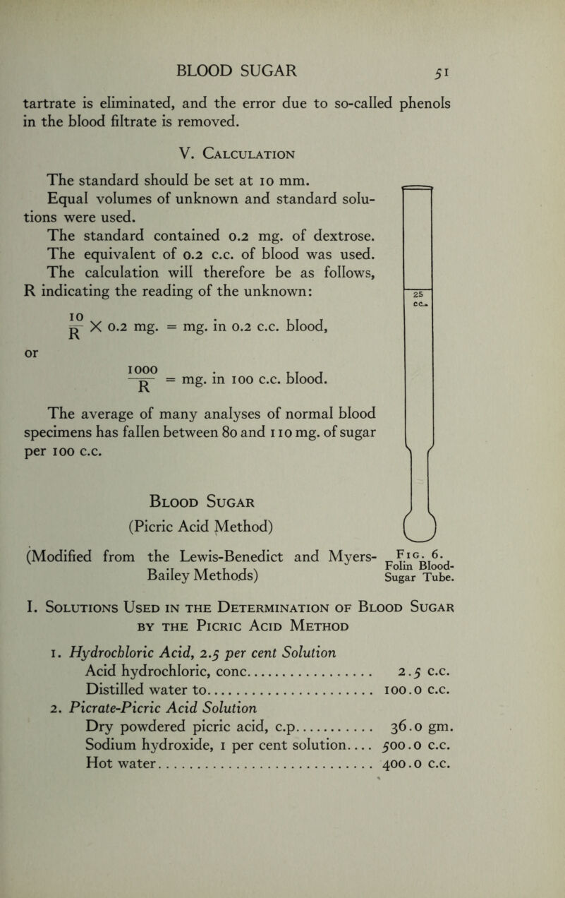 tartrate is eliminated, and the error due to so-called phenols in the blood filtrate is removed. V. Calculation The standard should be set at 10 mm. Equal volumes of unknown and standard solu- tions were used. The standard contained 0.2 mg. of dextrose. The equivalent of 0.2 c.c. of blood was used. The calculation will therefore be as follows, R indicating the reading of the unknown: 10 R X 0.2 mg. = mg. in 0.2 c.c. blood. or 1000 . ITT —= mg. in 100 c.c. blood. The average of many analyses of normal blood specimens has fallen between 80 and 110 mg. of sugar per 100 c.c. Blood Sugar (Picric Acid Method) (Modified from the Lewis-Benedict Bailey Methods) S / 0 and Myers- ^ig. 6. J Folin Blood- Sugar Tube. I. Solutions Used in the Determination of Blood Sugar by the Picric Acid Method 1. Hydrochloric Acid, 2.5 per cent Solution Acid hydrochloric, cone 2.5 c.c. Distilled water to 100.0 c.c. 2. Picrate-Picric Acid Solution Dry powdered picric acid, c.p 36.0 gm. Sodium hydroxide, 1 per cent solution 500.0 c.c. Hot water 400. o c.c.