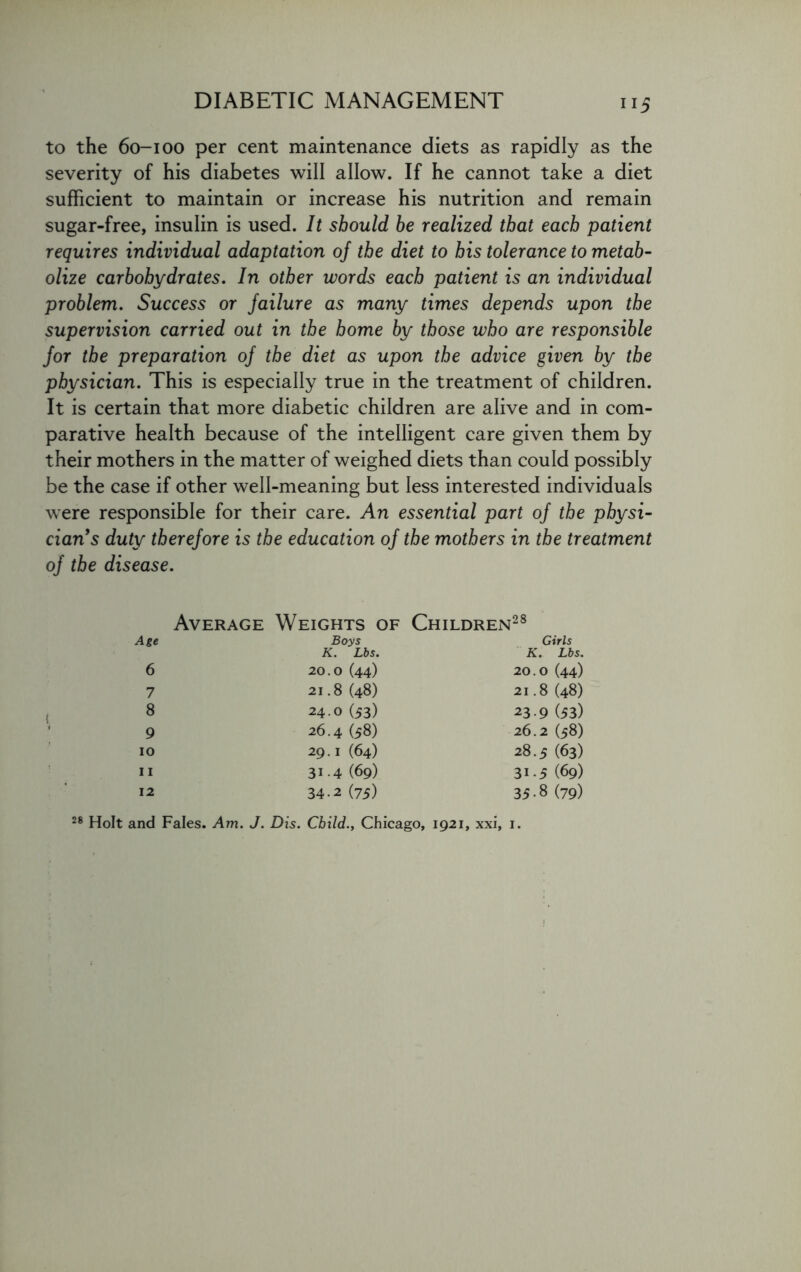 to the 60-100 per cent maintenance diets as rapidly as the severity of his diabetes will allow. If he cannot take a diet sufficient to maintain or increase his nutrition and remain sugar-free, insulin is used. It should be realized that each patient requires individual adaptation 0/ the diet to his tolerance to metab- olize carbohydrates. In other words each patient is an individual problem. Success or failure as many times depends upon the supervision carried out in the home by those who are responsible for the preparation of the diet as upon the advice given by the physician. This is especially true in the treatment of children. It is certain that more diabetic children are alive and in com- parative health because of the intelligent care given them by their mothers in the matter of weighed diets than could possibly be the case if other well-meaning but less interested individuals were responsible for their care. An essential part of the physi- cian's duty therefore is the education of the mothers in the treatment of the disease. Average Weights of Children28 Age Boys K. Lbs. Girls K. Lbs. 6 20.0 (44) 20.0 (44) 7 21.8 (48) 21.8 (48) 8 24.O (53) 23-9 (53) 9 26.4 (58) 26.2 (58) 10 29.I (64) 28.5 (63) 11 31 -4 (69) 3i 5 (69) 12 34-2 (75) 35-8 (79) 28 Holt and Fales. Am. J. Dis. Child., Chicago, 1921, xxi, 1.