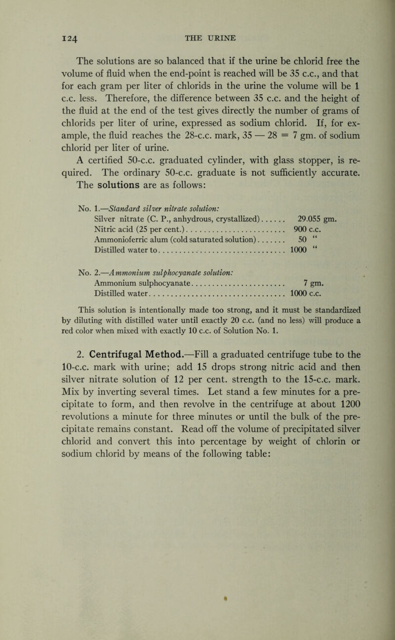 The solutions are so balanced that if the urine be chlorid free the volume of fluid when the end-point is reached will be 35 c.c., and that for each gram per liter of chlorids in the urine the volume will be 1 c.c. less. Therefore, the difference between 35 c.c. and the height of the fluid at the end of the test gives directly the number of grams of chlorids per liter of urine, expressed as sodium chlorid. If, for ex- ample, the fluid reaches the 28-c.c. mark, 35 — 28 = 7 gm. of sodium chlorid per liter of urine. A certified 50-c.c. graduated cylinder, with glass stopper, is re- quired. The ordinary 50-c.c. graduate is not sufficiently accurate. The solutions are as follows: No. 1.—Standard silver nitrate solution: Silver nitrate (C. P., anhydrous, crystallized) 29.055 gm. Nitric acid (25 per cent.) 900 c.c. Ammonioferric alum (cold saturated solution) 50 Distilled water to 1000 “ No. 2.—Ammonium sulphocyanate solution: Ammonium sulphocyanate 7 gm. Distilled water 1000 c.c. This solution is intentionally made too strong, and it must be standardized by diluting with distilled water until exactly 20 c.c. (and no less) will produce a red color when mixed with exactly 10 c.c. of Solution No. 1. 2. Centrifugal Method.—Fill a graduated centrifuge tube to the 10-c.c. mark with urine; add 15 drops strong nitric acid and then silver nitrate solution of 12 per cent, strength to the 15-c.c. mark. Mix by inverting several times. Let stand a few minutes for a pre- cipitate to form, and then revolve in the centrifuge at about 1200 revolutions a minute for three minutes or until the bulk of the pre- cipitate remains constant. Read off the volume of precipitated silver chlorid and convert this into percentage by weight of chlorin or sodium chlorid by means of the following table: